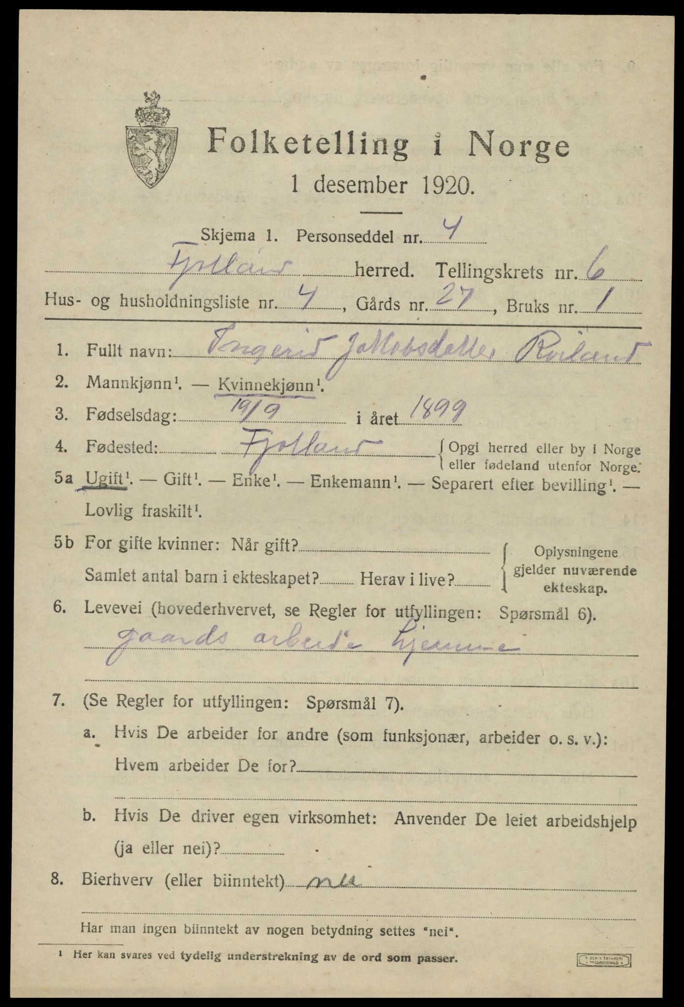 SAK, 1920 census for Fjotland, 1920, p. 1630