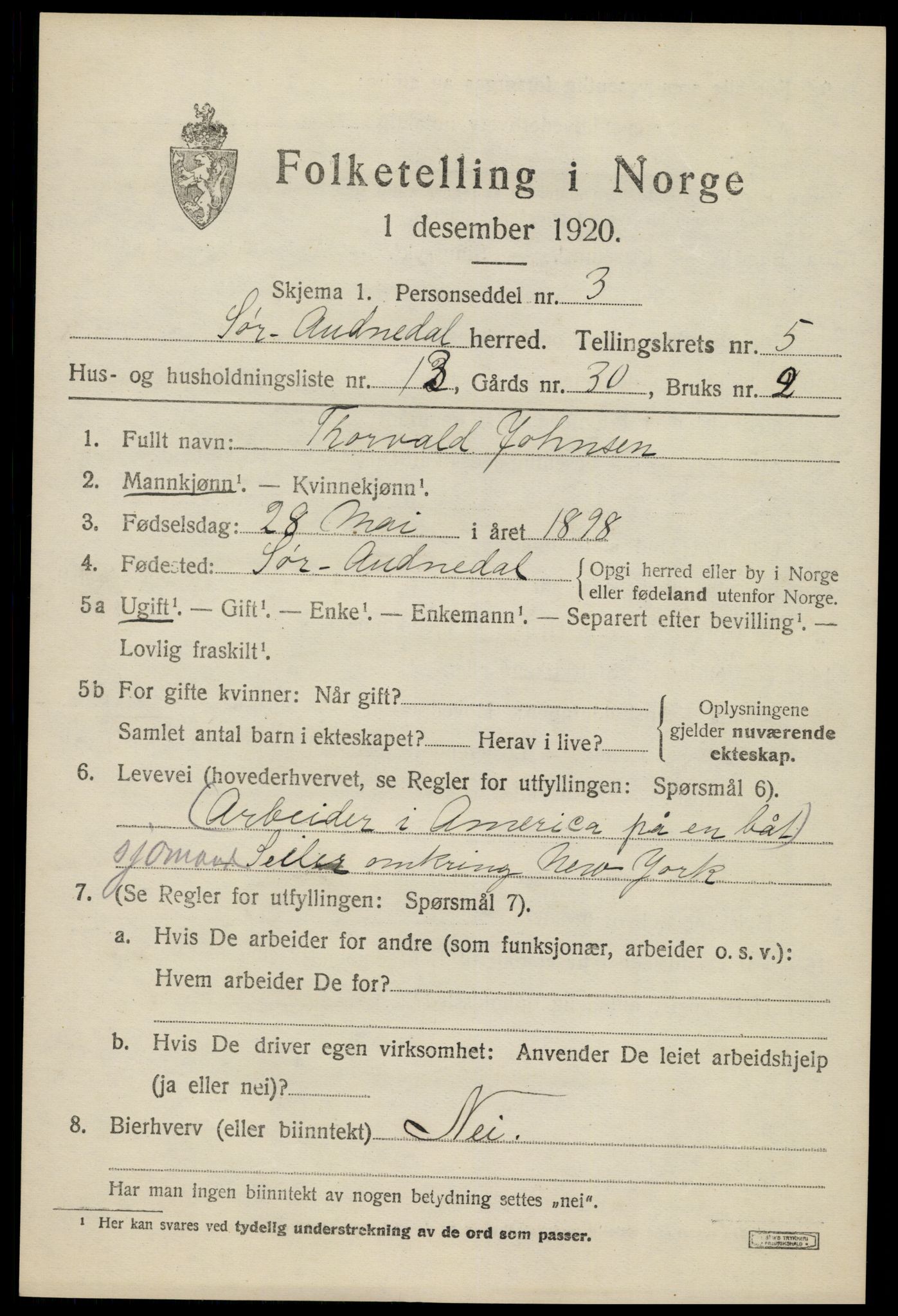 SAK, 1920 census for Sør-Audnedal, 1920, p. 2635