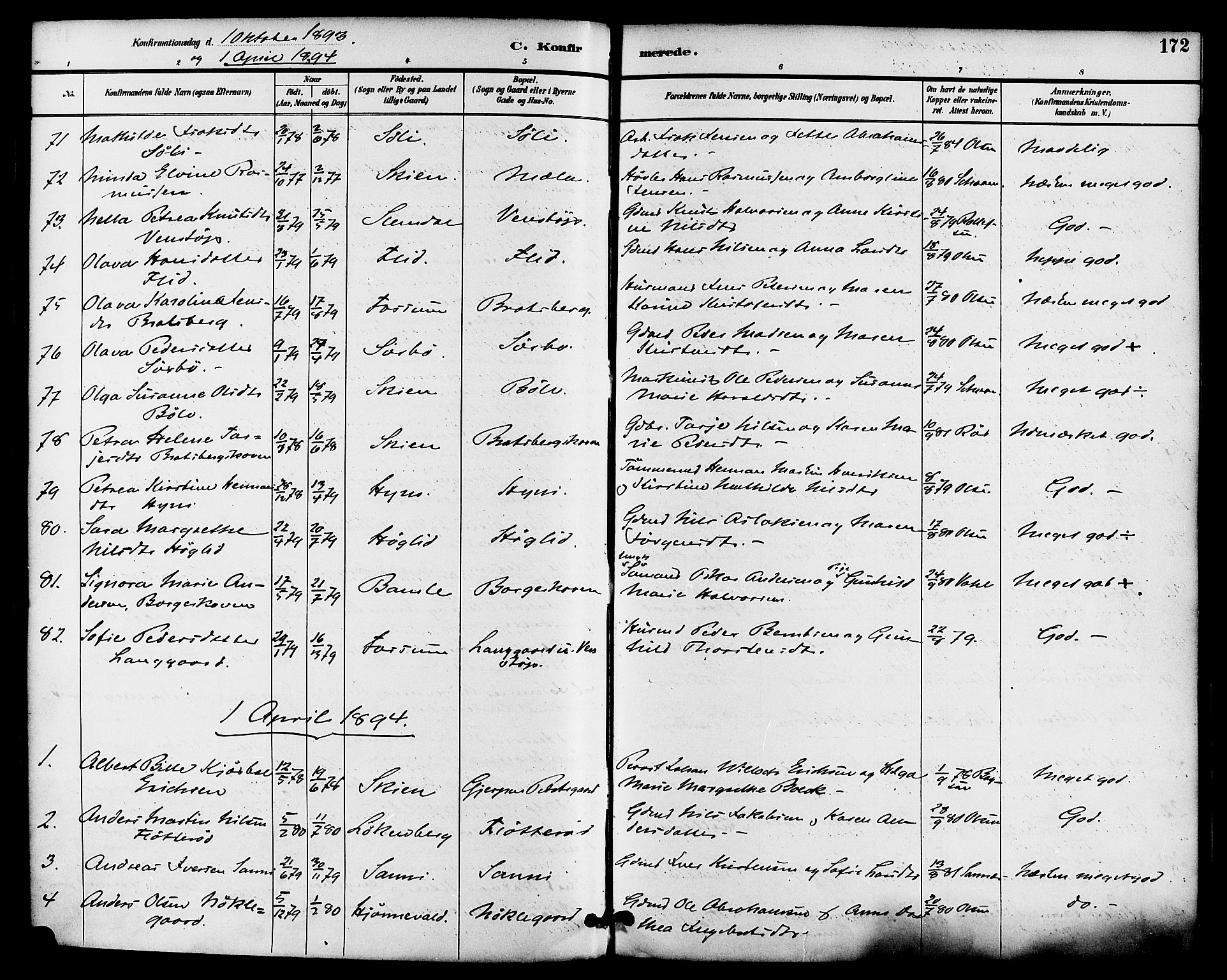 Gjerpen kirkebøker, SAKO/A-265/F/Fa/L0010: Parish register (official) no. I 10, 1886-1895, p. 172