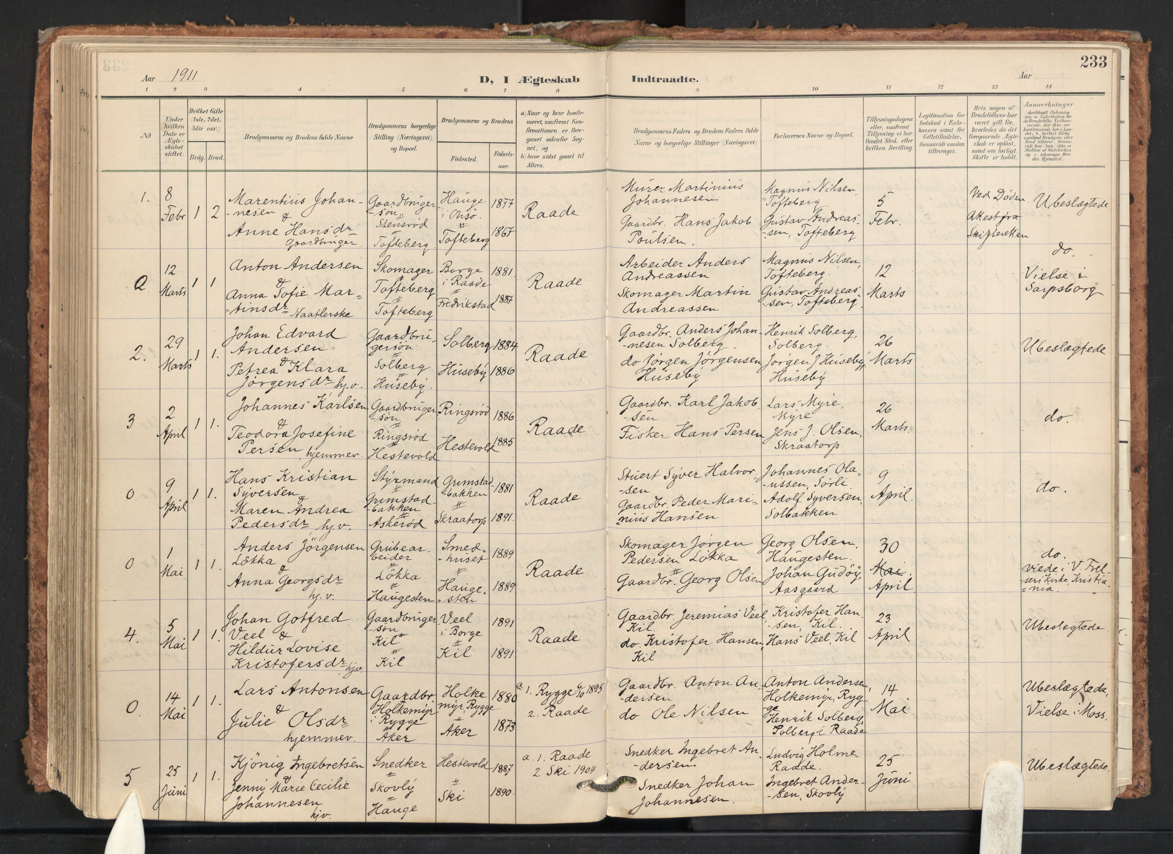 Råde prestekontor kirkebøker, AV/SAO-A-2009/F/Fa/L0008: Parish register (official) no. 8, 1903-1924, p. 233