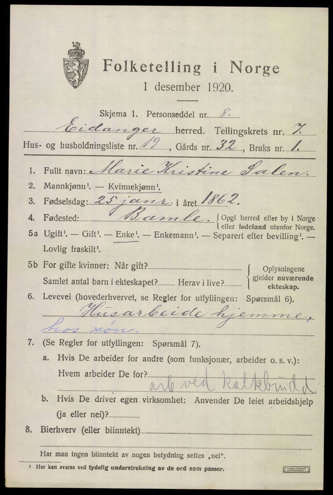 SAKO, 1920 census for Eidanger, 1920, p. 5426