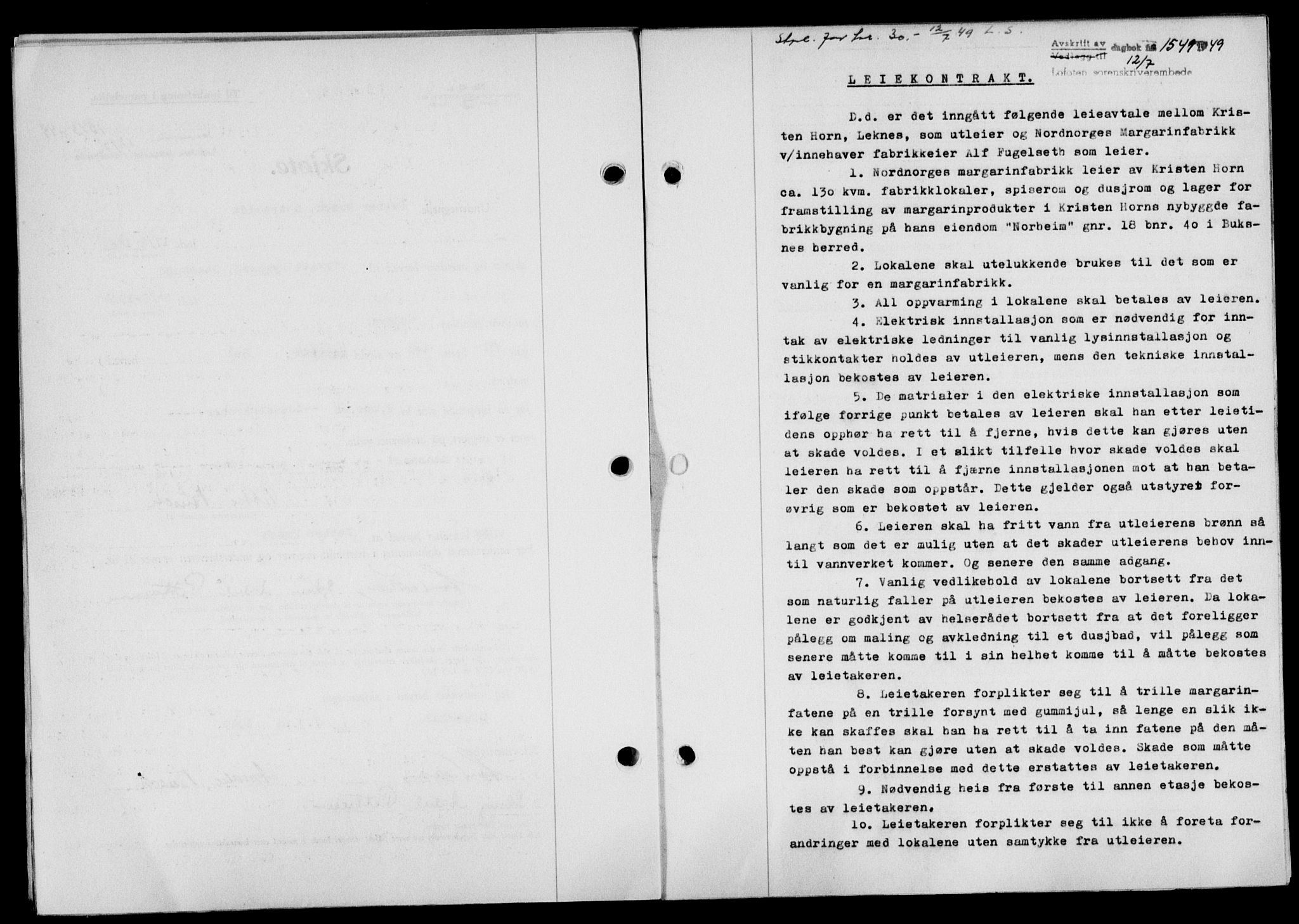 Lofoten sorenskriveri, SAT/A-0017/1/2/2C/L0021a: Mortgage book no. 21a, 1949-1949, Diary no: : 1549/1949