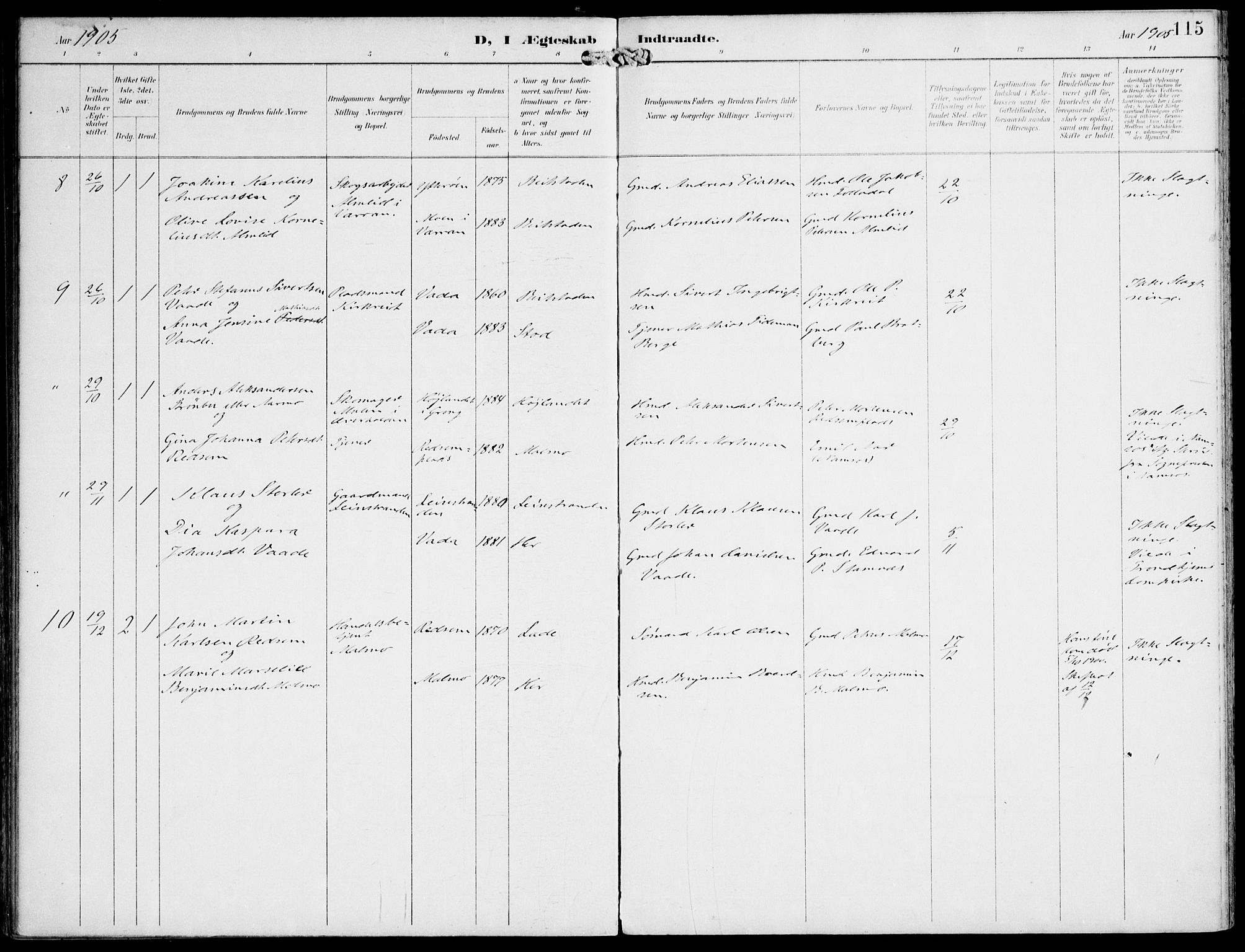 Ministerialprotokoller, klokkerbøker og fødselsregistre - Nord-Trøndelag, SAT/A-1458/745/L0430: Parish register (official) no. 745A02, 1895-1913, p. 115