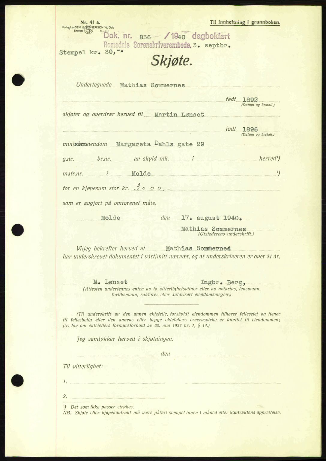 Romsdal sorenskriveri, AV/SAT-A-4149/1/2/2C: Mortgage book no. A8, 1939-1940, Diary no: : 836/1940