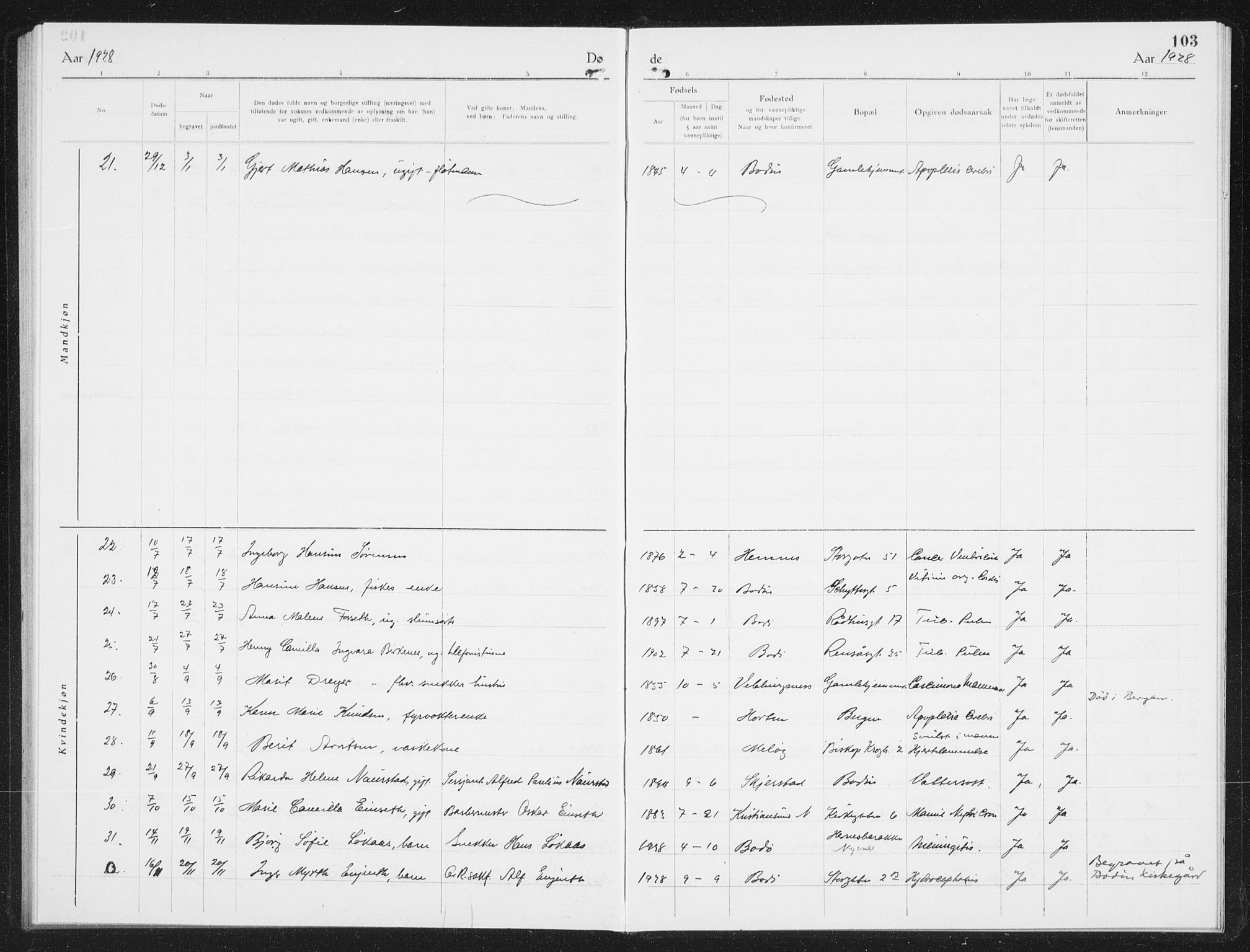 Ministerialprotokoller, klokkerbøker og fødselsregistre - Nordland, AV/SAT-A-1459/801/L0036: Parish register (copy) no. 801C11, 1920-1934, p. 103