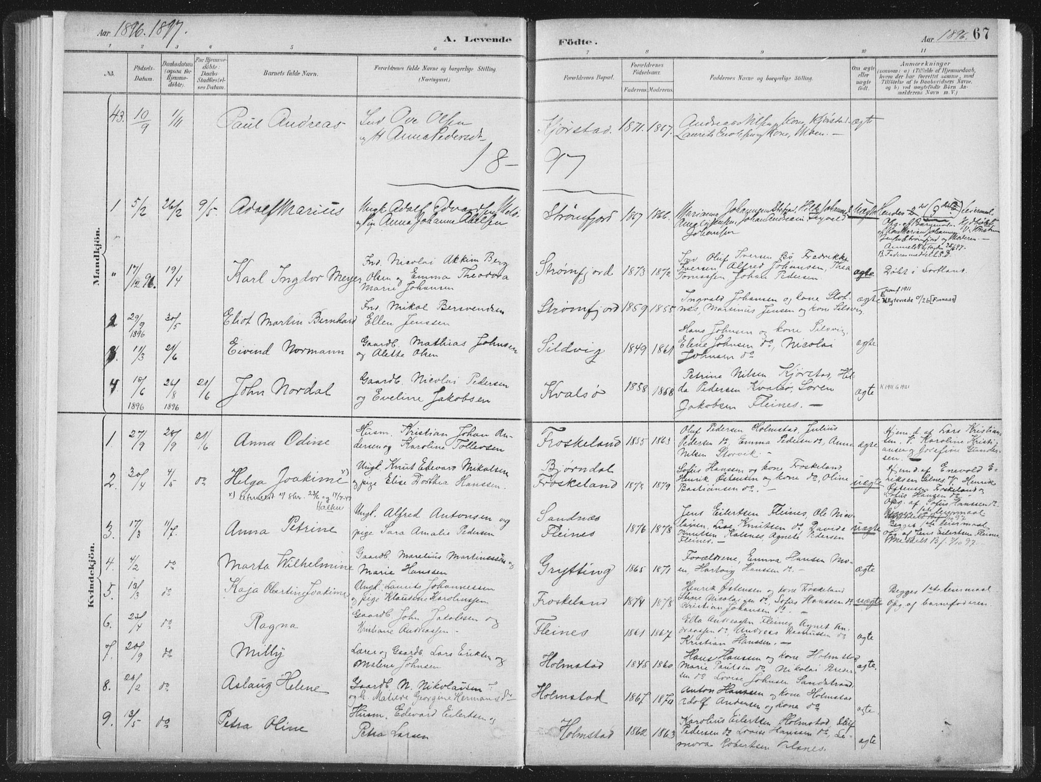 Ministerialprotokoller, klokkerbøker og fødselsregistre - Nordland, SAT/A-1459/890/L1286: Parish register (official) no. 890A01, 1882-1902, p. 67