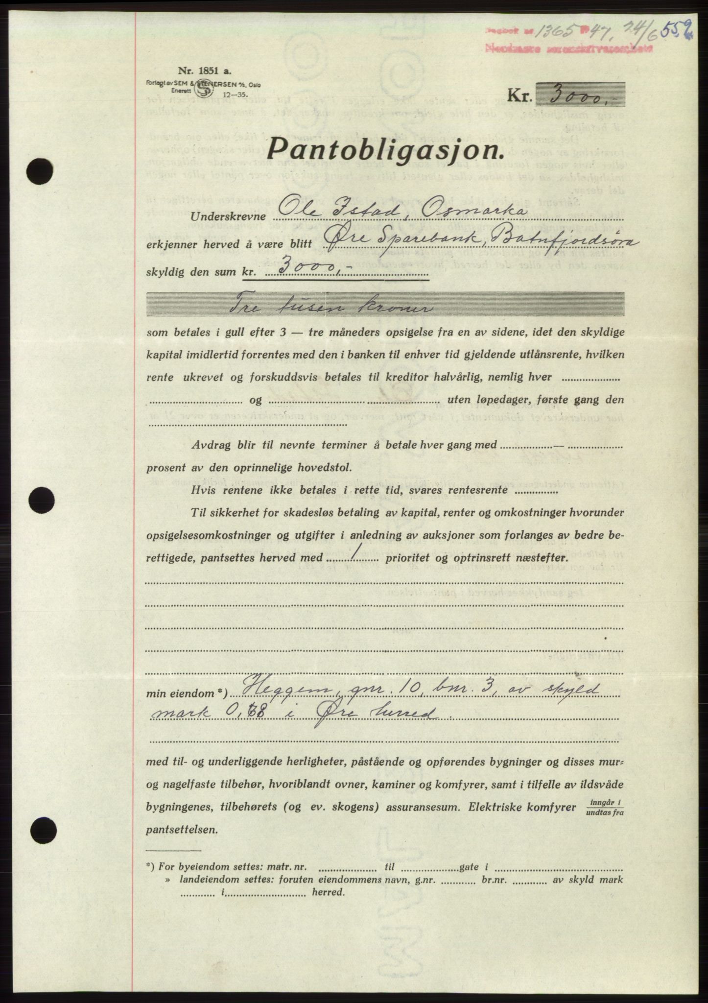 Nordmøre sorenskriveri, AV/SAT-A-4132/1/2/2Ca: Mortgage book no. B96, 1947-1947, Diary no: : 1365/1947