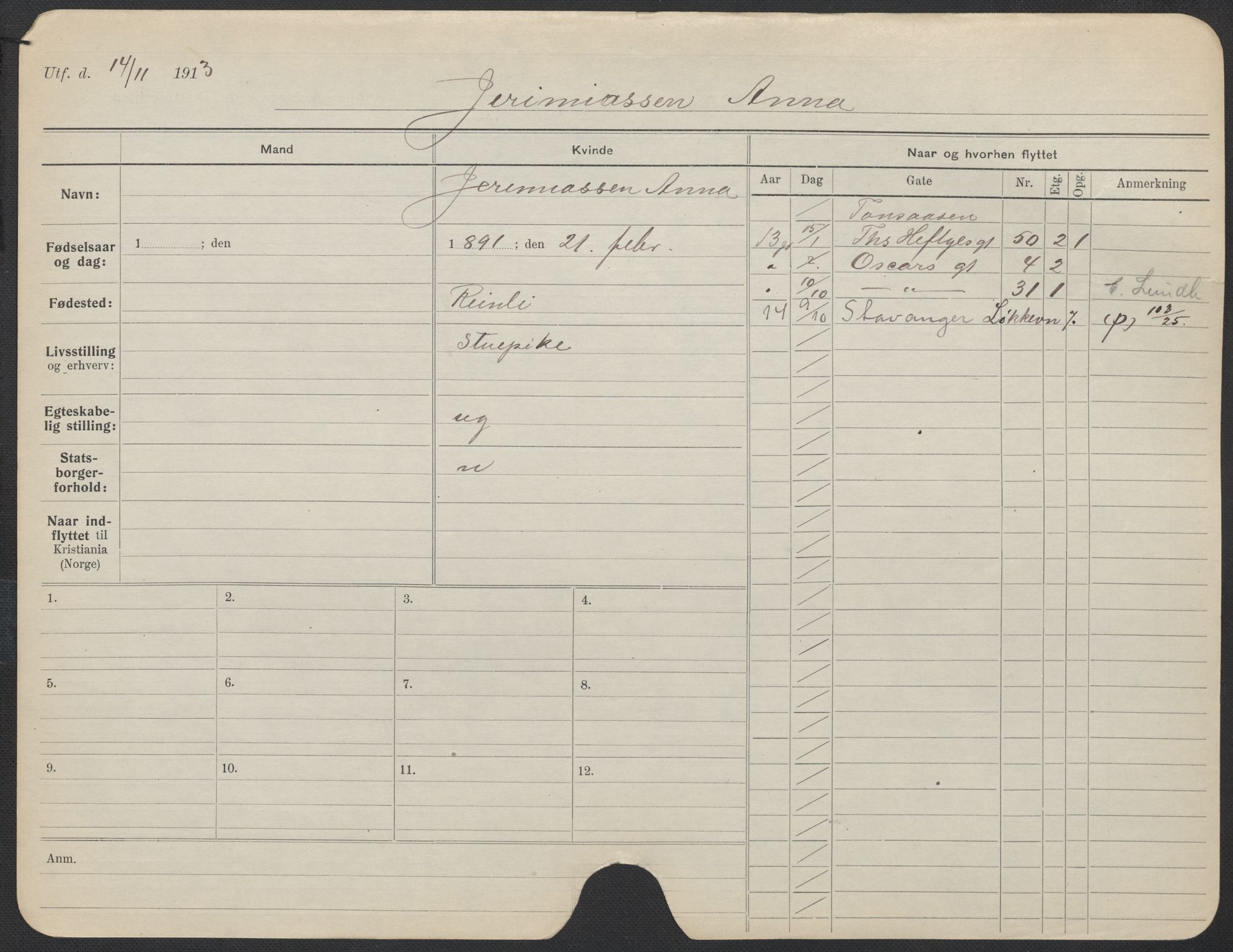 Oslo folkeregister, Registerkort, AV/SAO-A-11715/F/Fa/Fac/L0017: Kvinner, 1906-1914, p. 552a