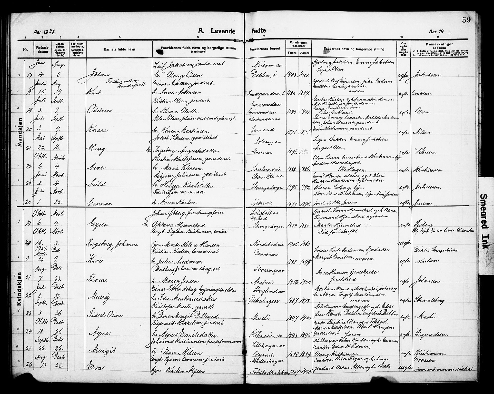 Stange prestekontor, AV/SAH-PREST-002/L/L0015: Parish register (copy) no. 15, 1916-1928, p. 59
