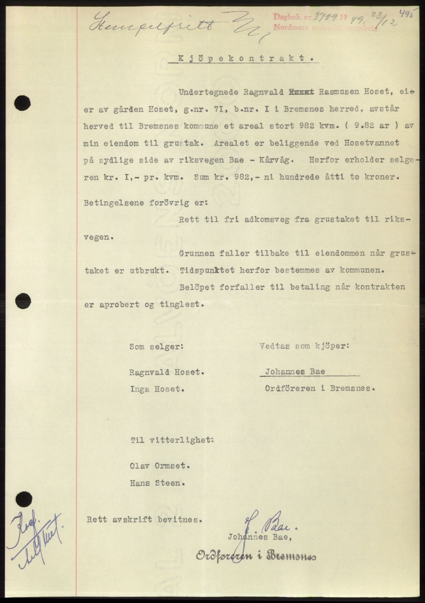 Nordmøre sorenskriveri, AV/SAT-A-4132/1/2/2Ca: Mortgage book no. B103, 1949-1950, Diary no: : 3729/1949