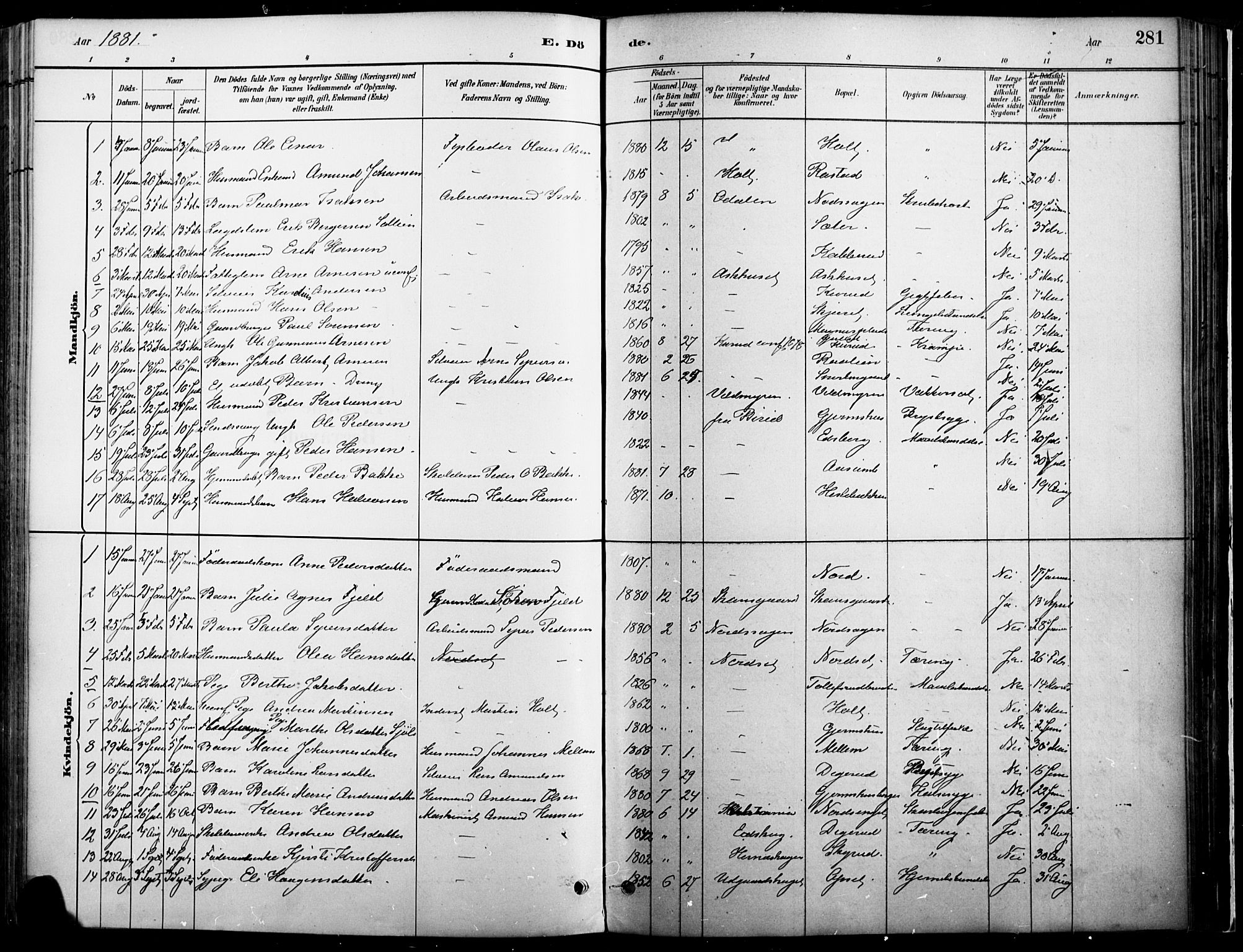Vinger prestekontor, SAH/PREST-024/H/Ha/Haa/L0014: Parish register (official) no. 14, 1881-1900, p. 281