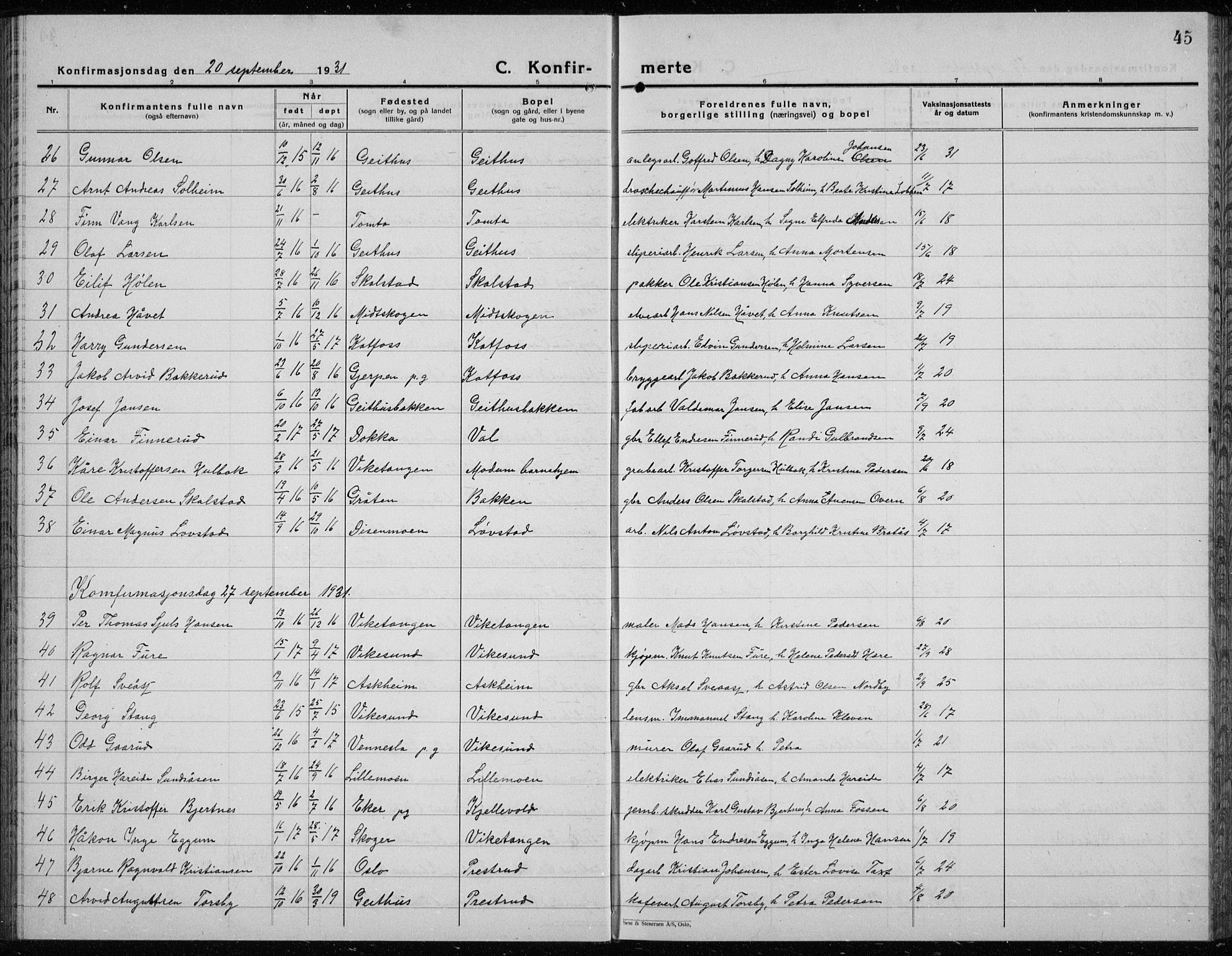 Modum kirkebøker, AV/SAKO-A-234/G/Ga/L0013: Parish register (copy) no. I 13, 1925-1938, p. 45
