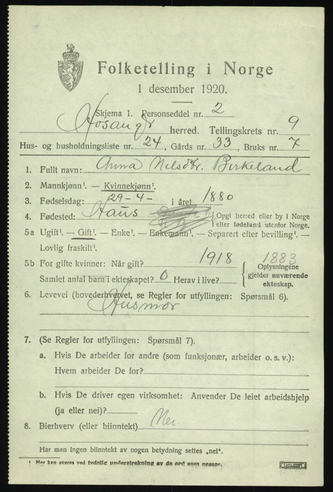 SAB, 1920 census for Hosanger, 1920, p. 4181