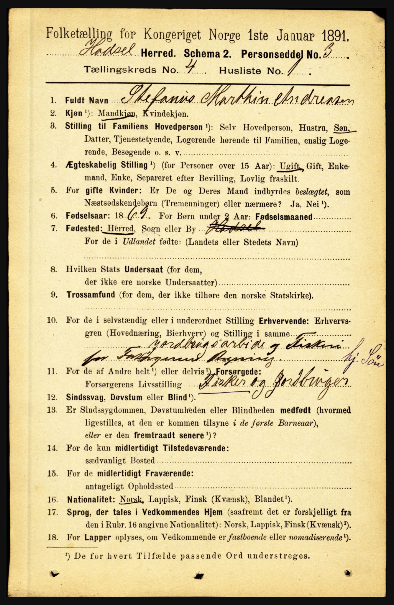 RA, 1891 census for 1866 Hadsel, 1891, p. 1711