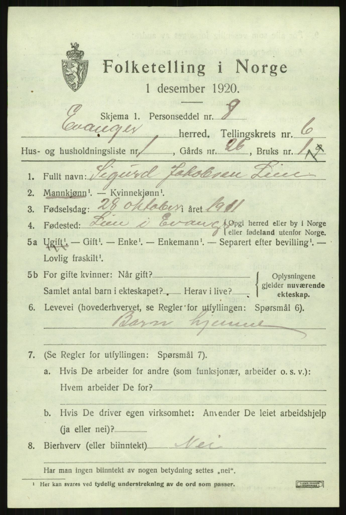 SAB, 1920 census for Evanger, 1920, p. 1923