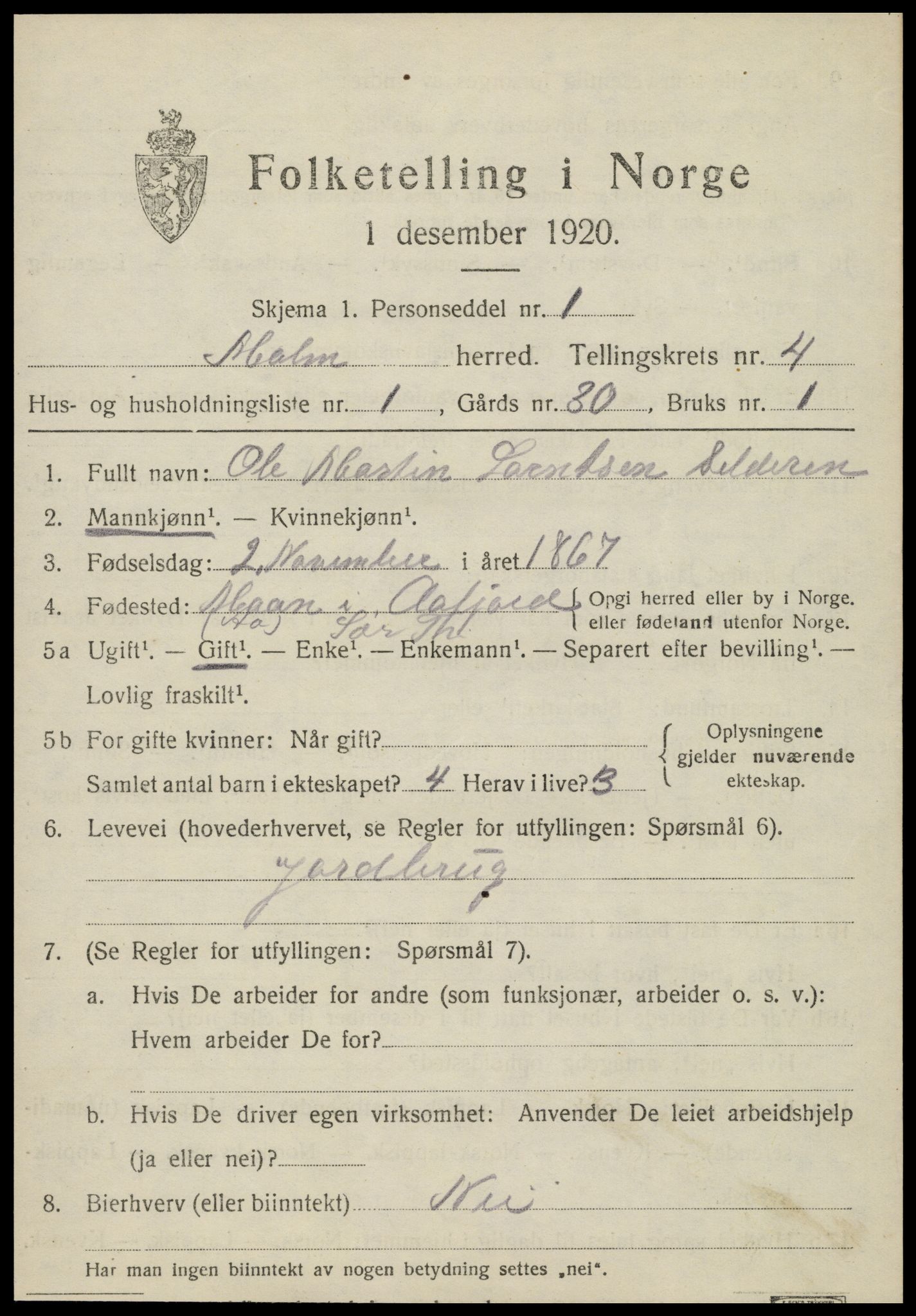 SAT, 1920 census for Malm, 1920, p. 2487