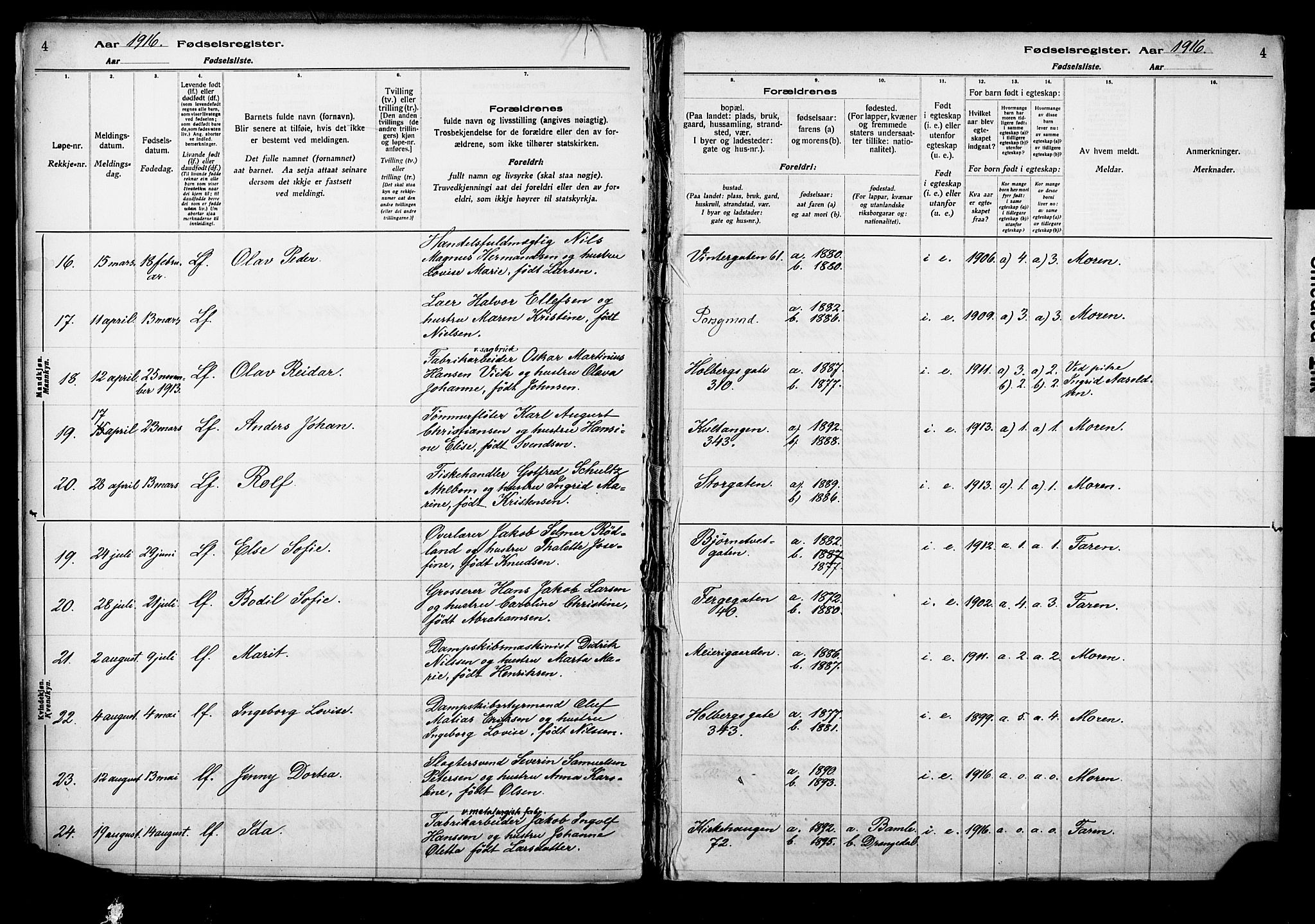 Porsgrunn kirkebøker , AV/SAKO-A-104/J/Ja/L0001: Birth register no. 1, 1916-1929, p. 4