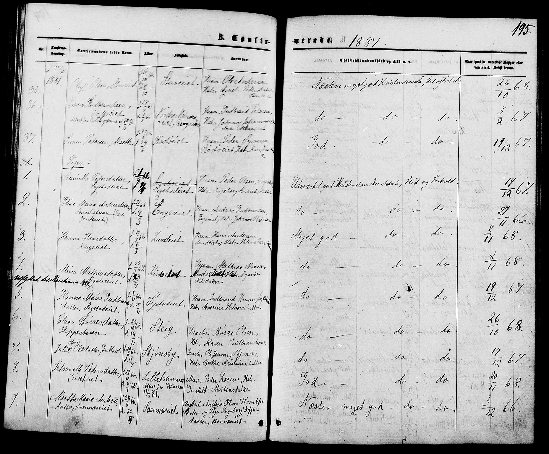 Biri prestekontor, AV/SAH-PREST-096/H/Ha/Haa/L0006: Parish register (official) no. 6, 1877-1886, p. 195