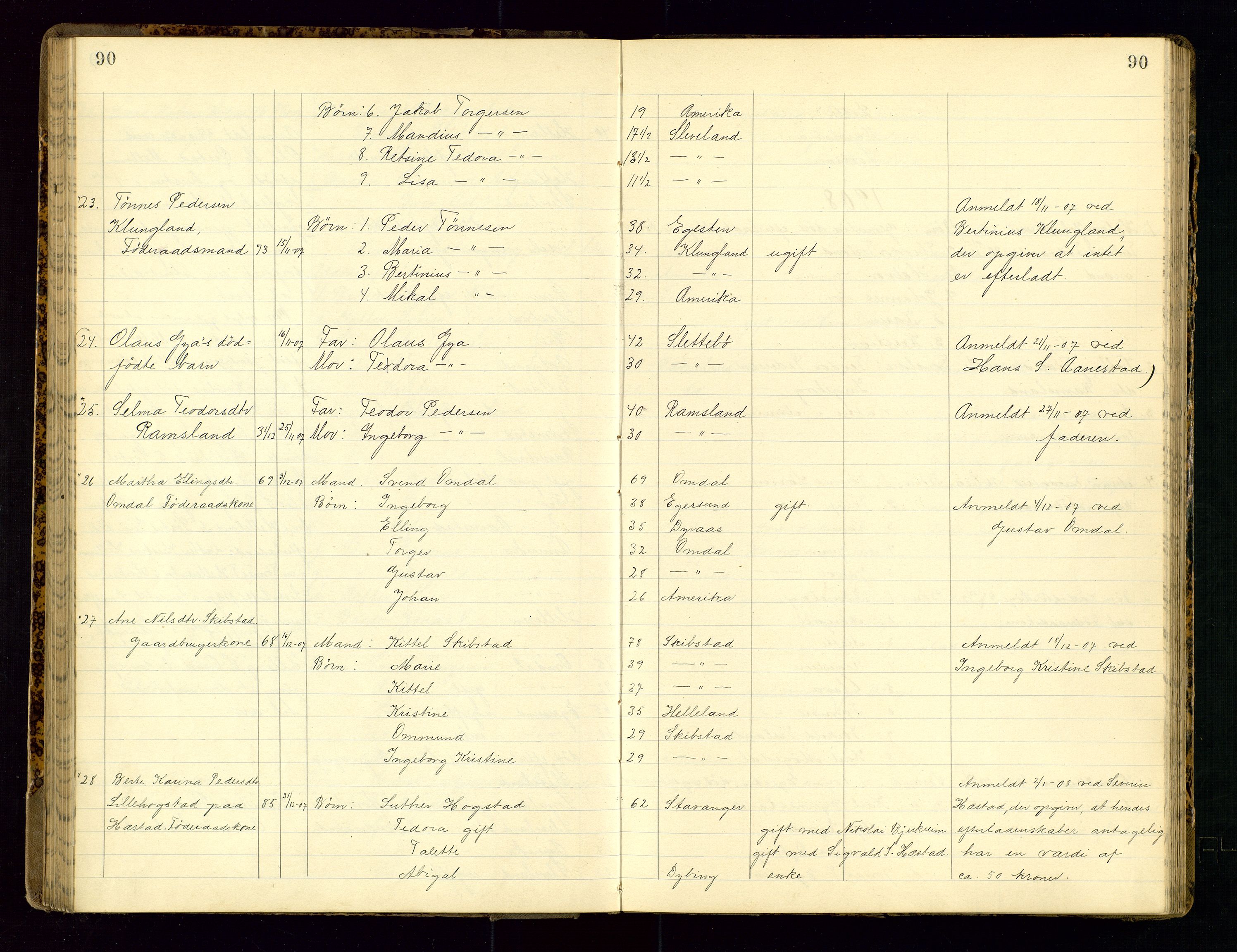 Dalane sorenskriveri, AV/SAST-A-100309/001/5/52/L0001: DØDSFALLPROTOKOLL, 1904-1911, p. 90