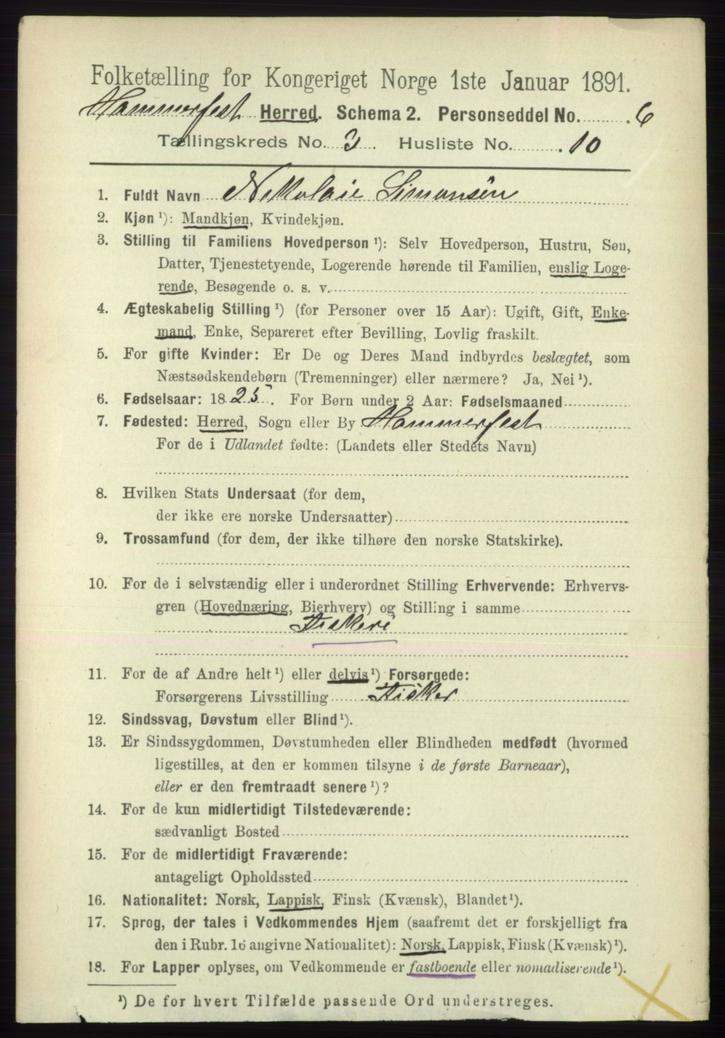 RA, 1891 census for 2016 Hammerfest, 1891, p. 1086