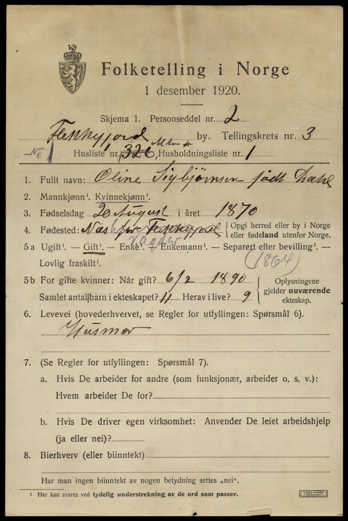 SAK, 1920 census for Flekkefjord, 1920, p. 3408