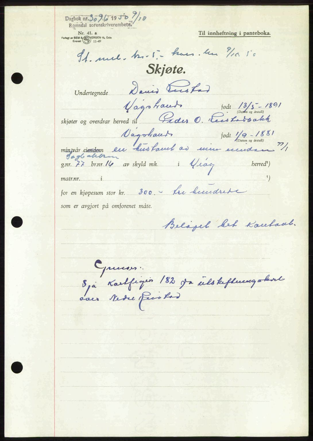 Romsdal sorenskriveri, AV/SAT-A-4149/1/2/2C: Mortgage book no. A34, 1950-1950, Diary no: : 3096/1950