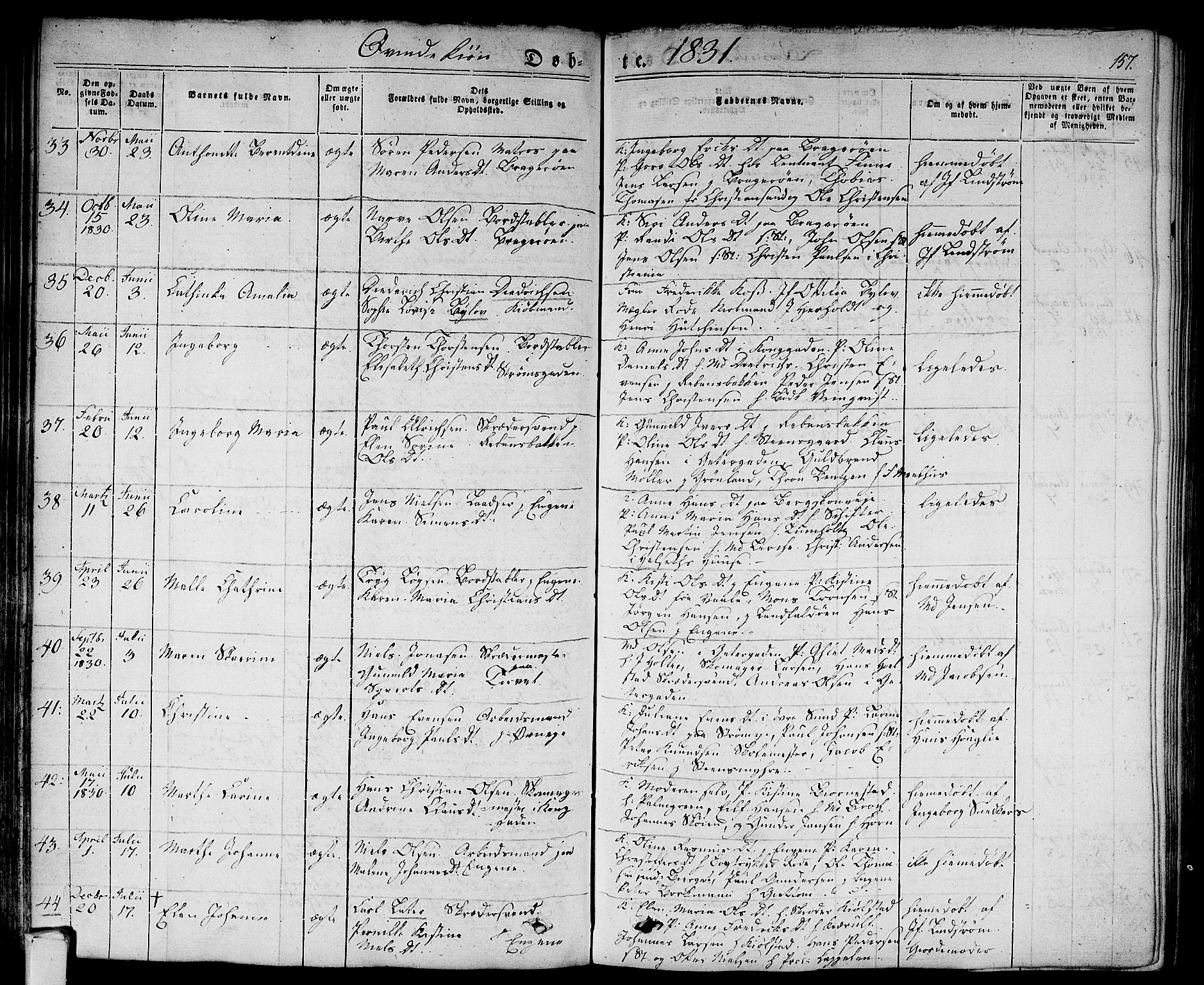 Bragernes kirkebøker, AV/SAKO-A-6/F/Fb/L0001: Parish register (official) no. II 1, 1830-1847, p. 157