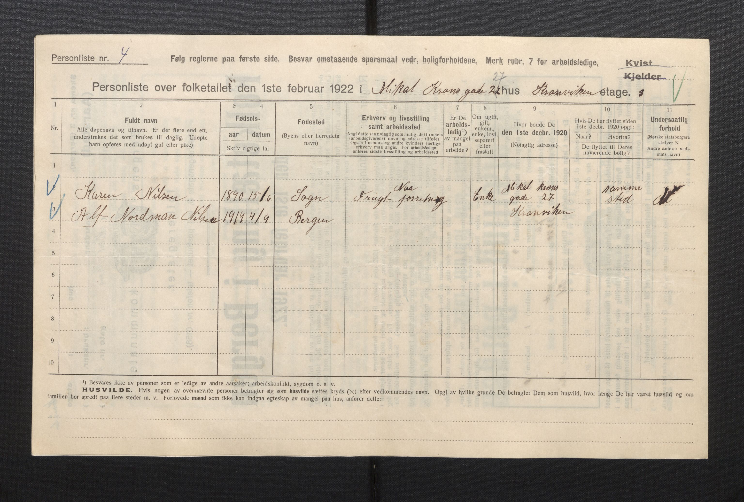 SAB, Municipal Census 1922 for Bergen, 1922, p. 56422