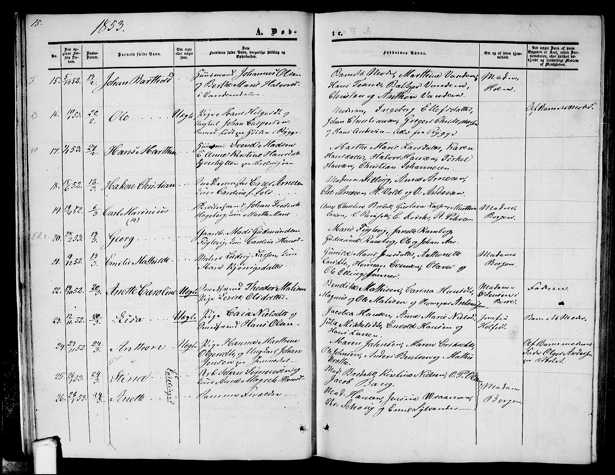 Moss prestekontor Kirkebøker, AV/SAO-A-2003/G/Ga/L0002: Parish register (copy) no. I 2, 1852-1871, p. 15