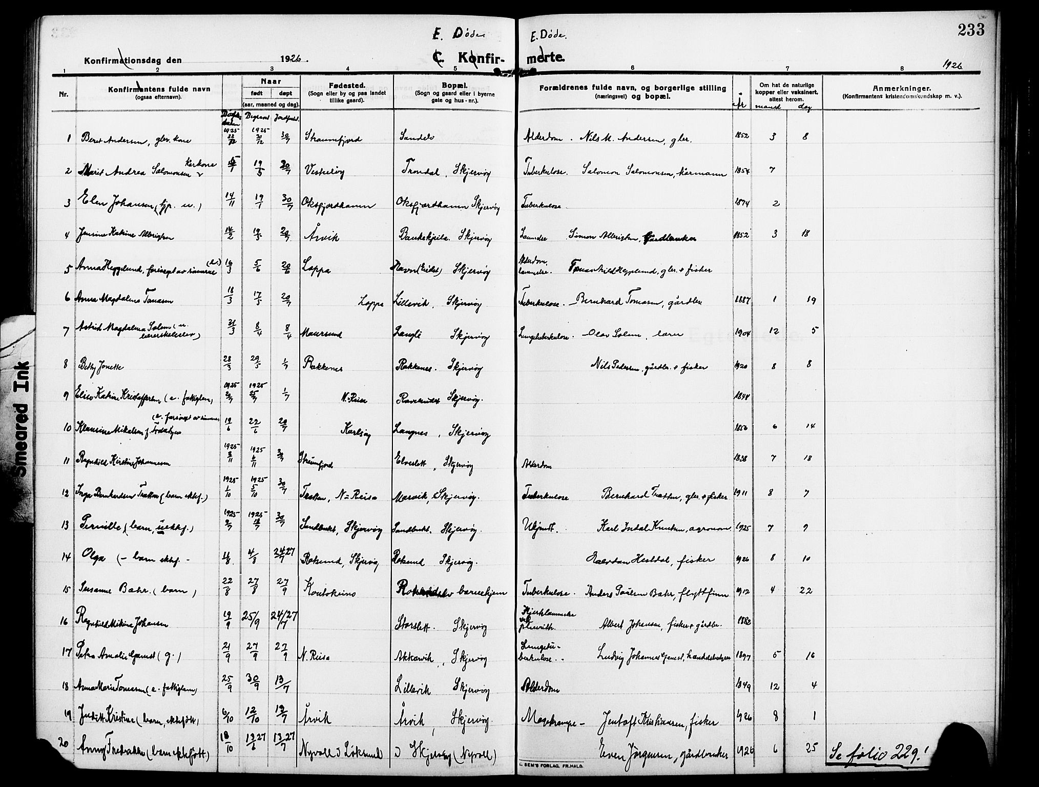 Skjervøy sokneprestkontor, AV/SATØ-S-1300/H/Ha/Hab/L0009klokker: Parish register (copy) no. 9, 1911-1926, p. 233