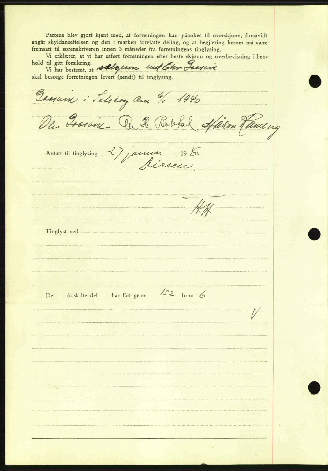 Nes tingrett, SAO/A-10548/G/Gb/Gbb/L0010: Mortgage book no. 54, 1939-1940, Diary no: : 98/1940