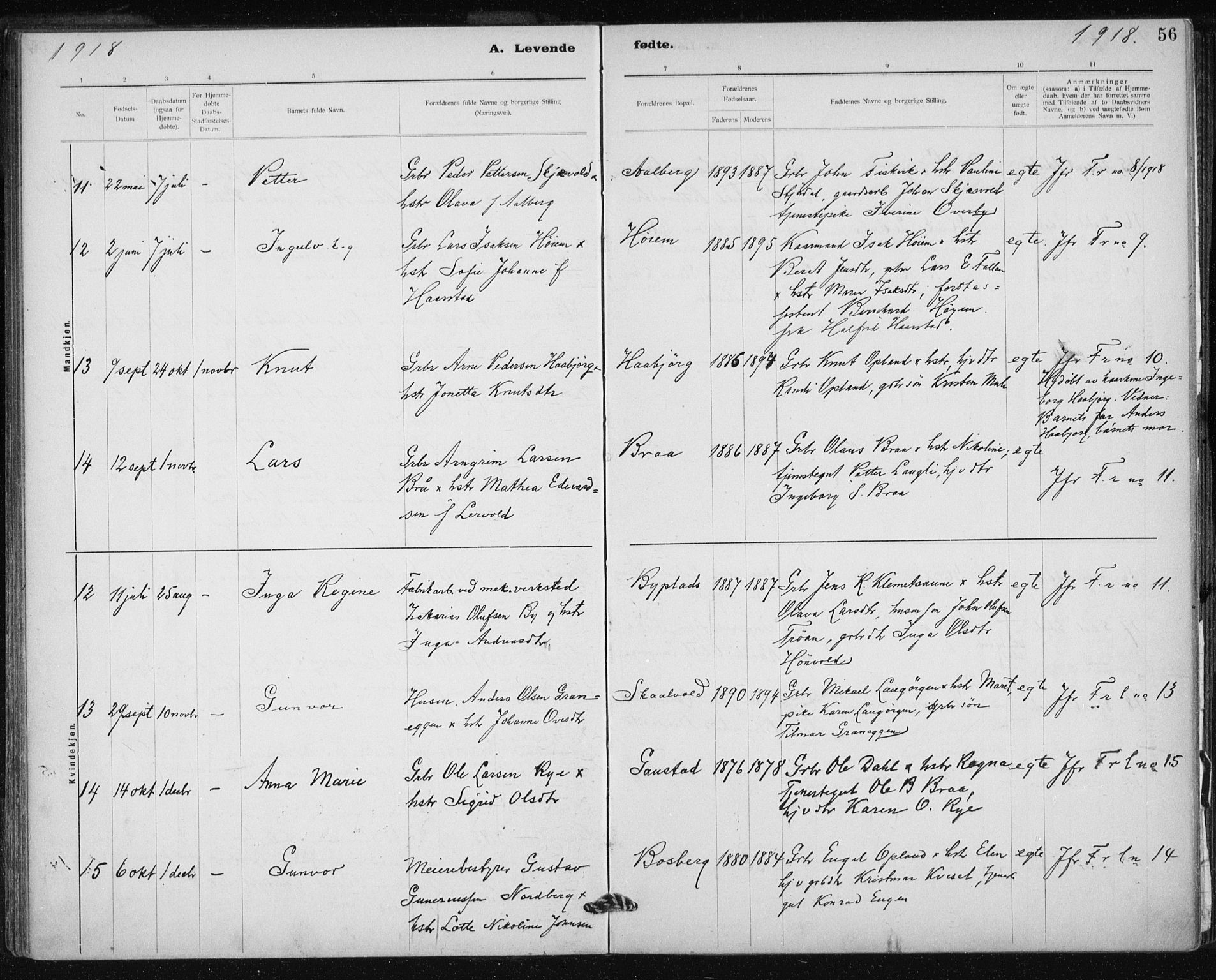 Ministerialprotokoller, klokkerbøker og fødselsregistre - Sør-Trøndelag, AV/SAT-A-1456/612/L0381: Parish register (official) no. 612A13, 1907-1923, p. 56