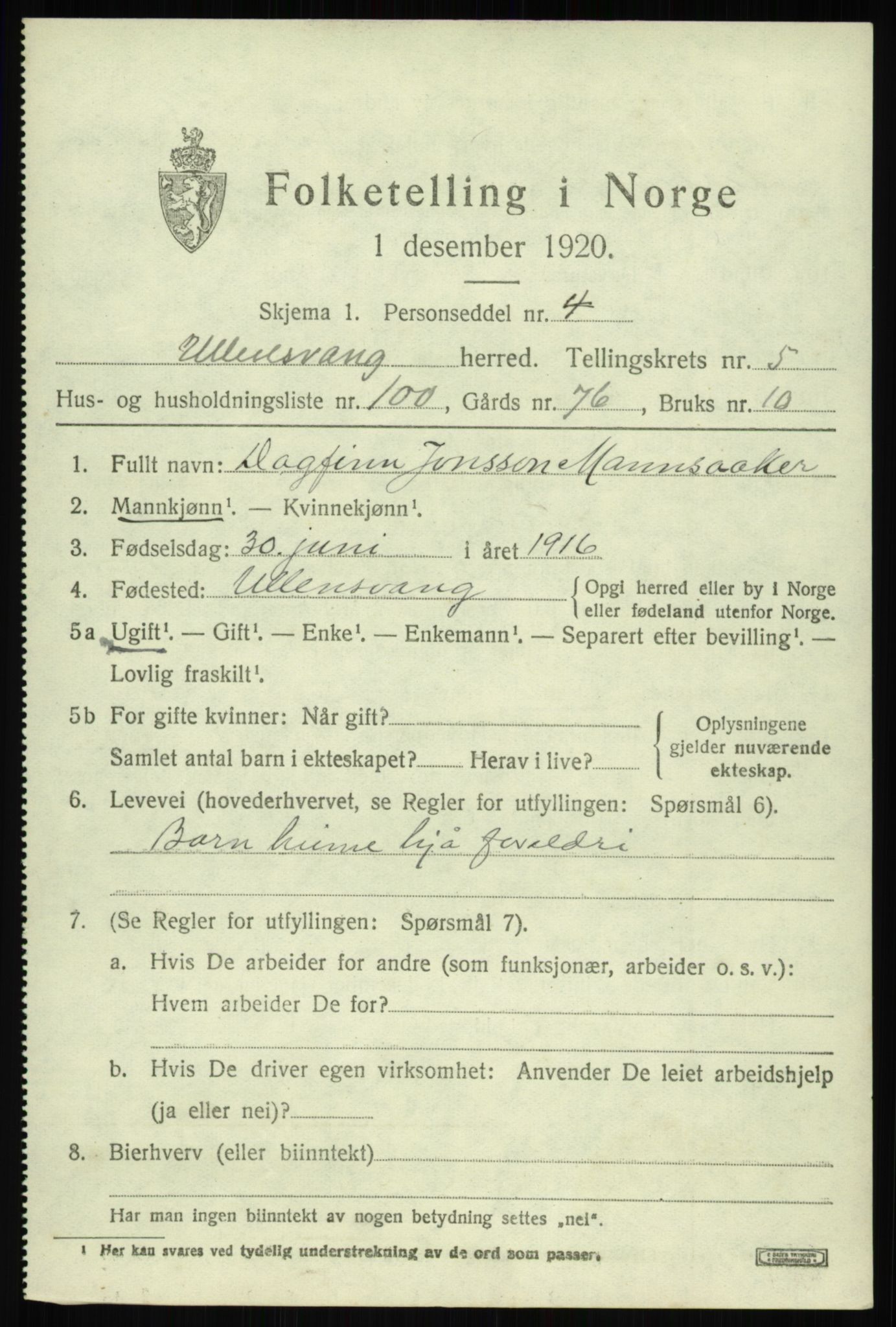 SAB, 1920 census for Ullensvang, 1920, p. 3404