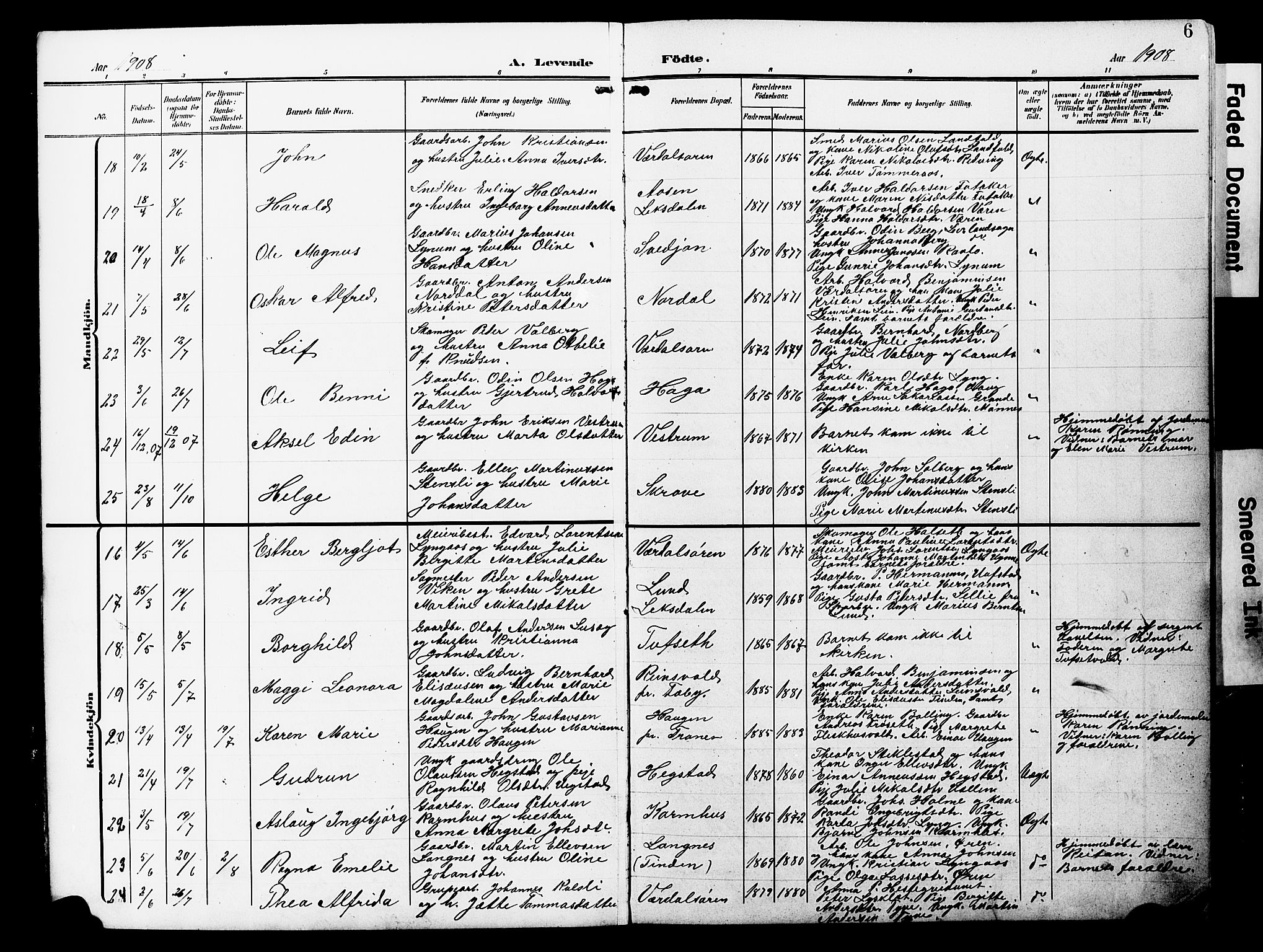 Ministerialprotokoller, klokkerbøker og fødselsregistre - Nord-Trøndelag, AV/SAT-A-1458/723/L0258: Parish register (copy) no. 723C06, 1908-1927, p. 6