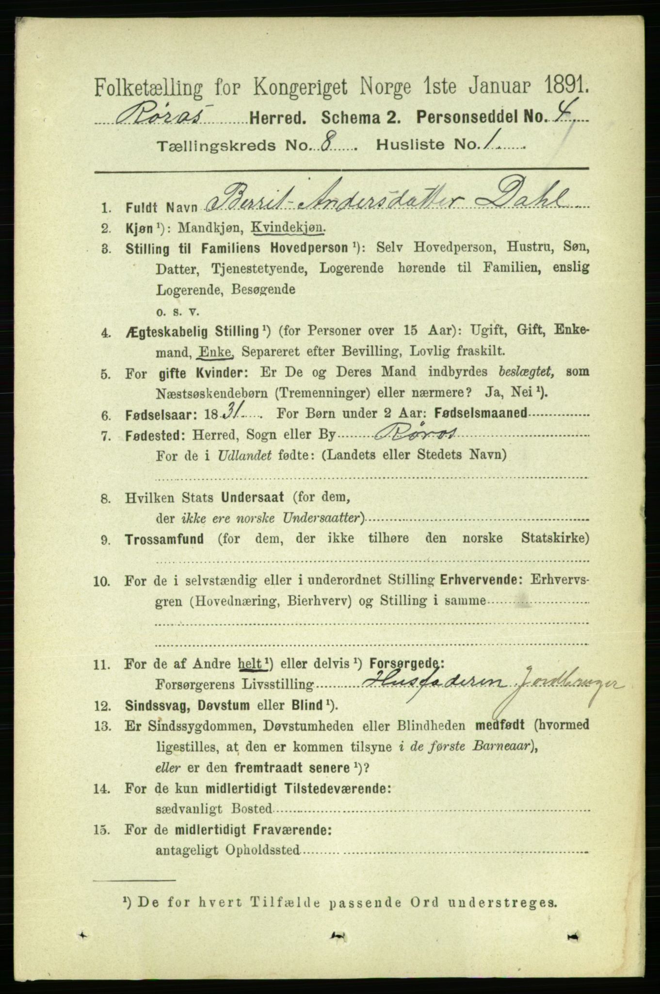 RA, 1891 census for 1640 Røros, 1891, p. 1608