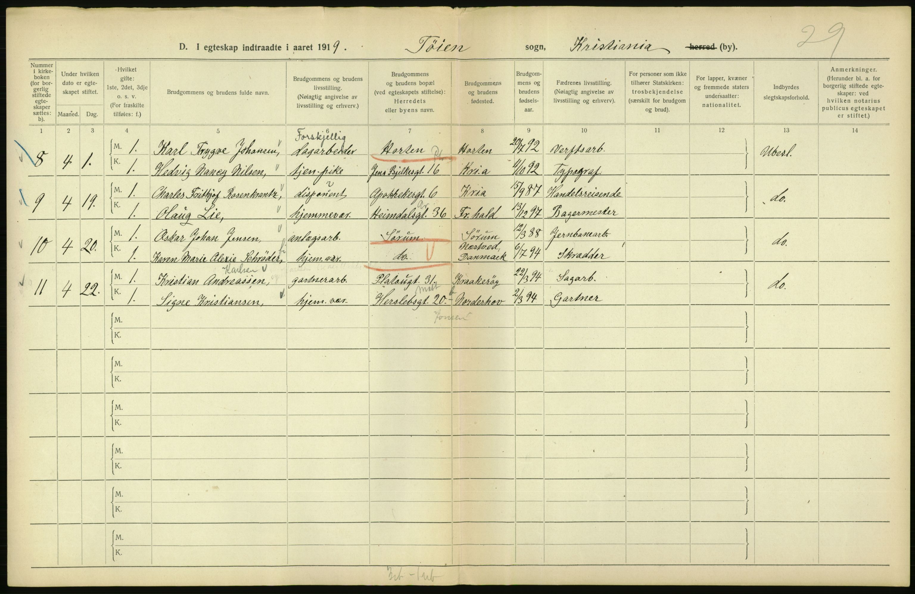 Statistisk sentralbyrå, Sosiodemografiske emner, Befolkning, RA/S-2228/D/Df/Dfb/Dfbi/L0009: Kristiania: Gifte, 1919, p. 732