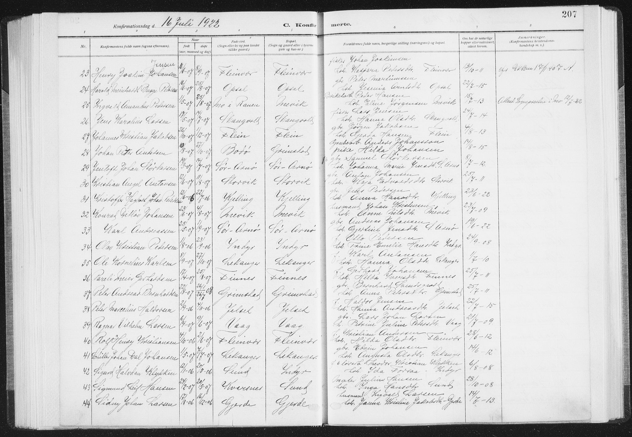 Ministerialprotokoller, klokkerbøker og fødselsregistre - Nordland, AV/SAT-A-1459/805/L0104: Parish register (official) no. 805A09, 1909-1926, p. 207