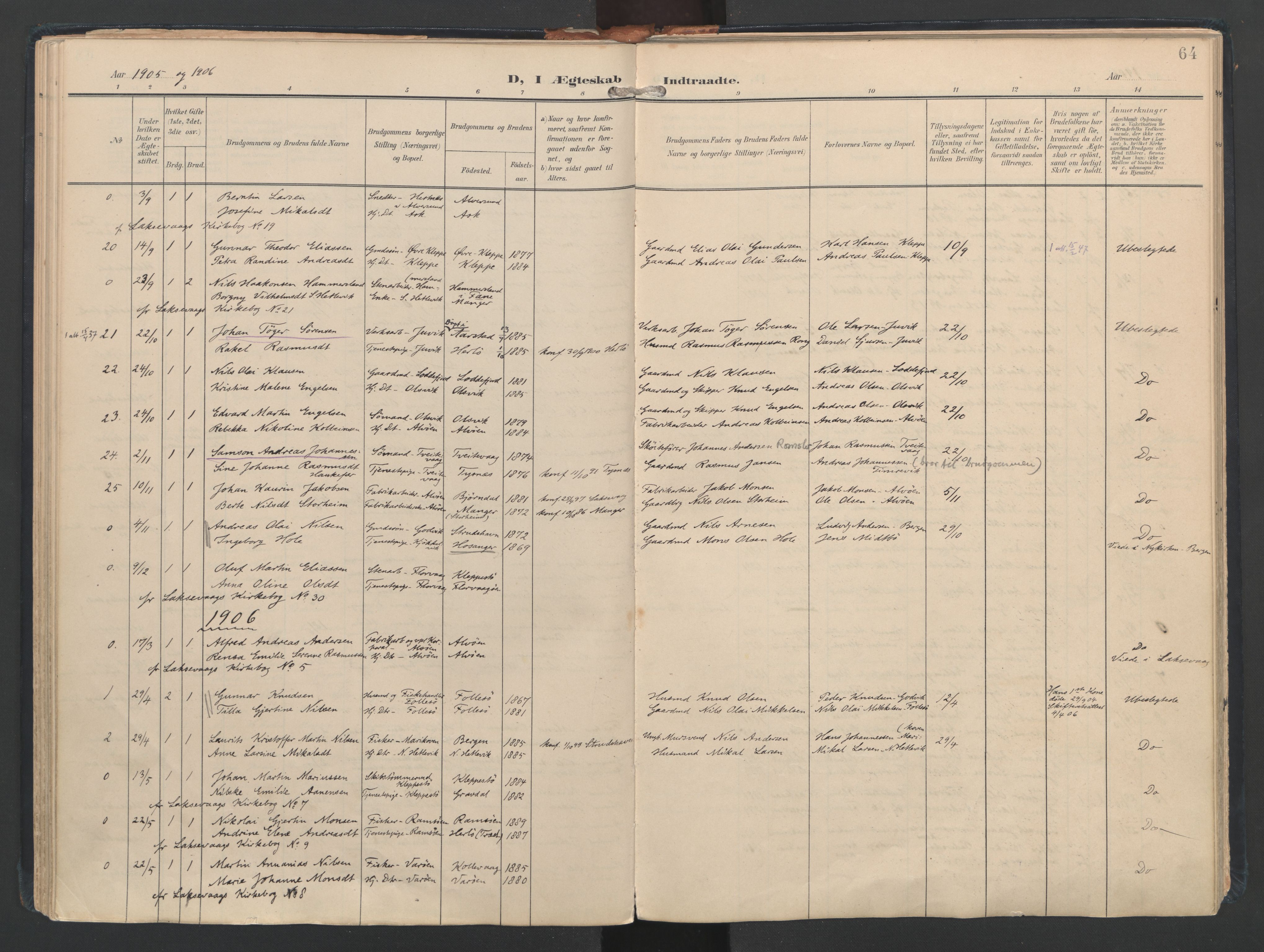 Askøy Sokneprestembete, SAB/A-74101/H/Ha/Haa/Haad/L0001: Parish register (official) no. D 1, 1902-1916, p. 64