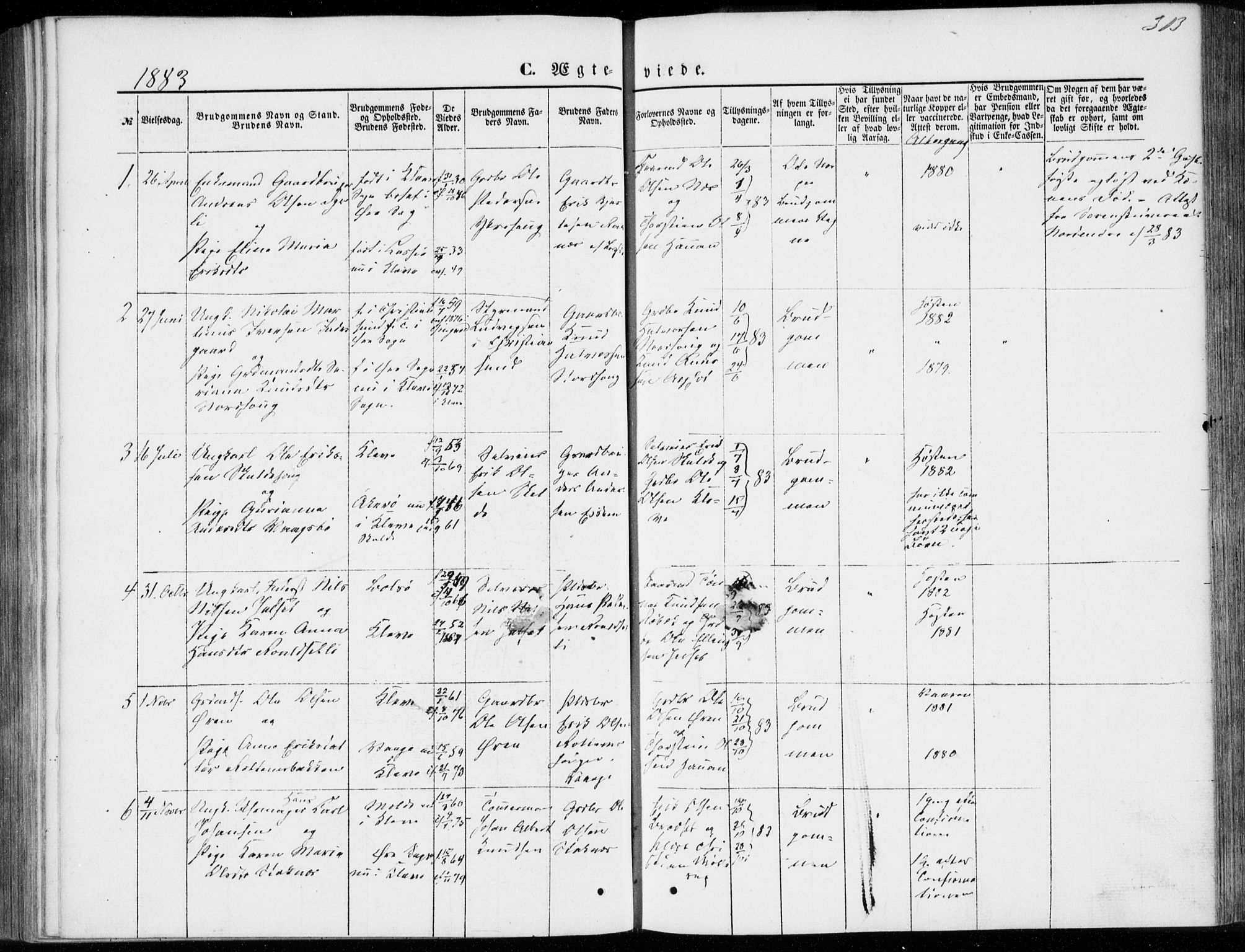 Ministerialprotokoller, klokkerbøker og fødselsregistre - Møre og Romsdal, SAT/A-1454/557/L0681: Parish register (official) no. 557A03, 1869-1886, p. 313