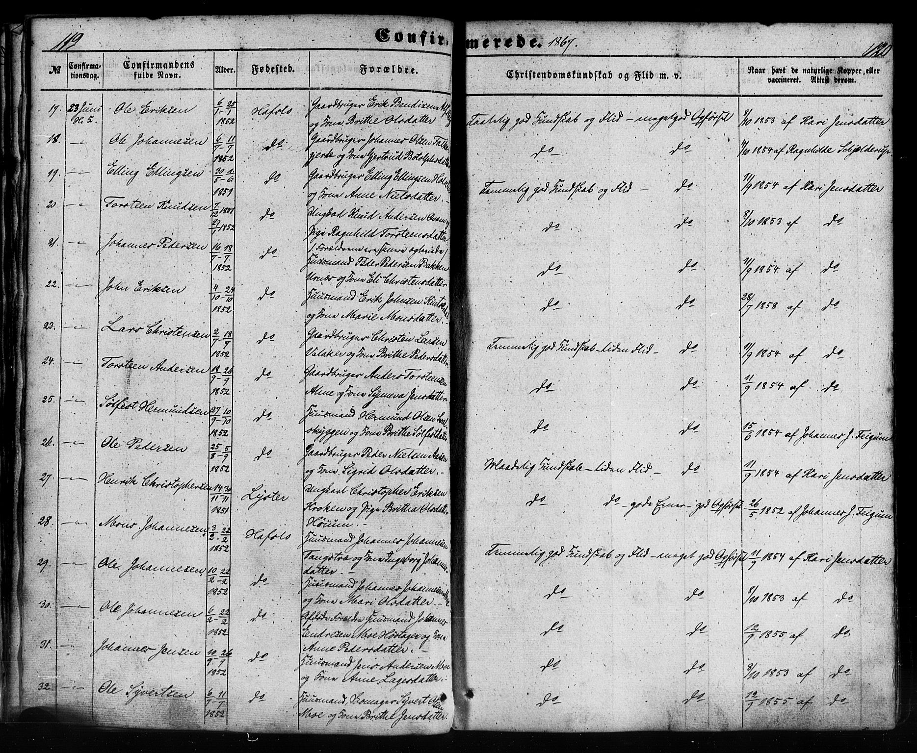 Hafslo sokneprestembete, SAB/A-80301/H/Haa/Haaa/L0012: Parish register (official) no. A 12, 1852-1885, p. 120-121