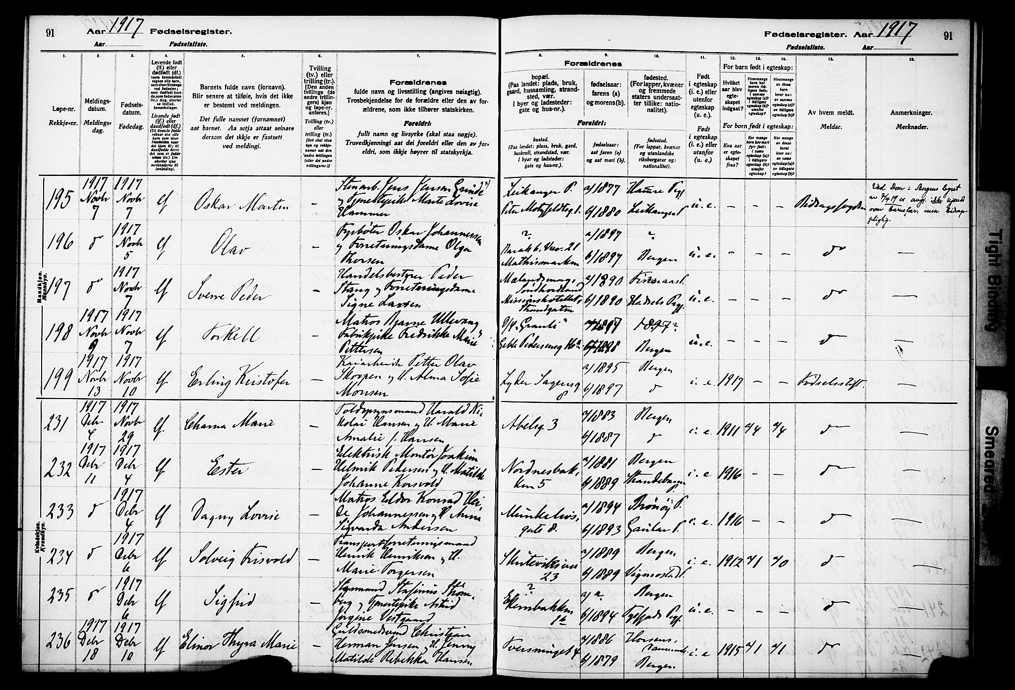 Kvinneklinikken, AV/SAB-A-76301/F/L0A01: Birth register no. A 1, 1916-1920, p. 91