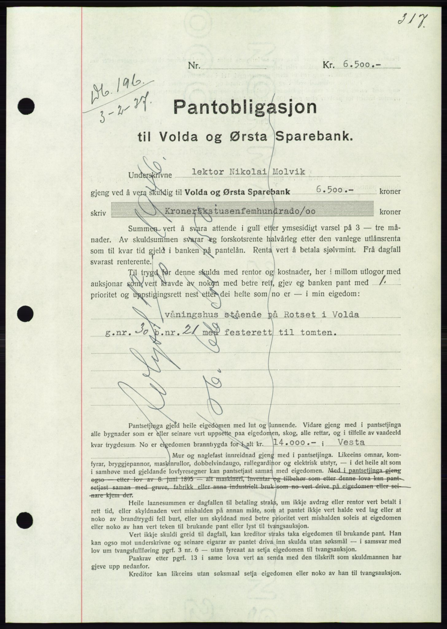 Søre Sunnmøre sorenskriveri, SAT/A-4122/1/2/2C/L0062: Mortgage book no. 56, 1936-1937, Diary no: : 196/1937