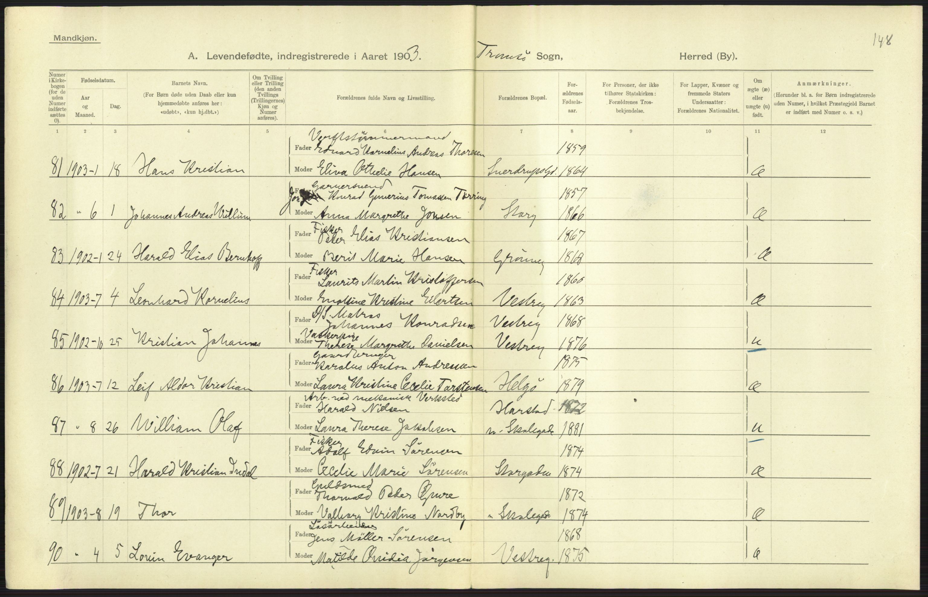 Statistisk sentralbyrå, Sosiodemografiske emner, Befolkning, AV/RA-S-2228/D/Df/Dfa/Dfaa/L0021: Tromsø amt: Fødte, gifte, døde., 1903, p. 281