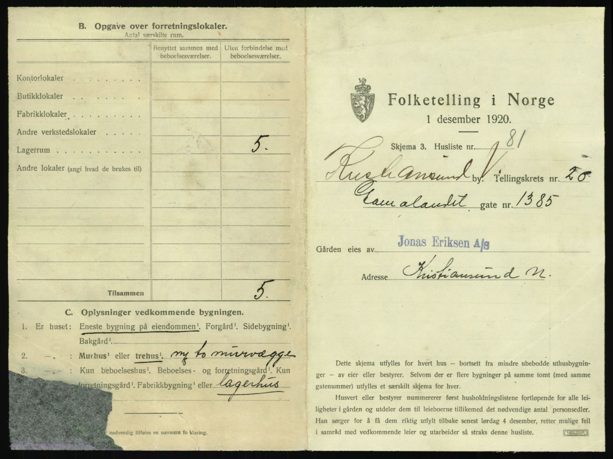 SAT, 1920 census for Kristiansund, 1920, p. 3153