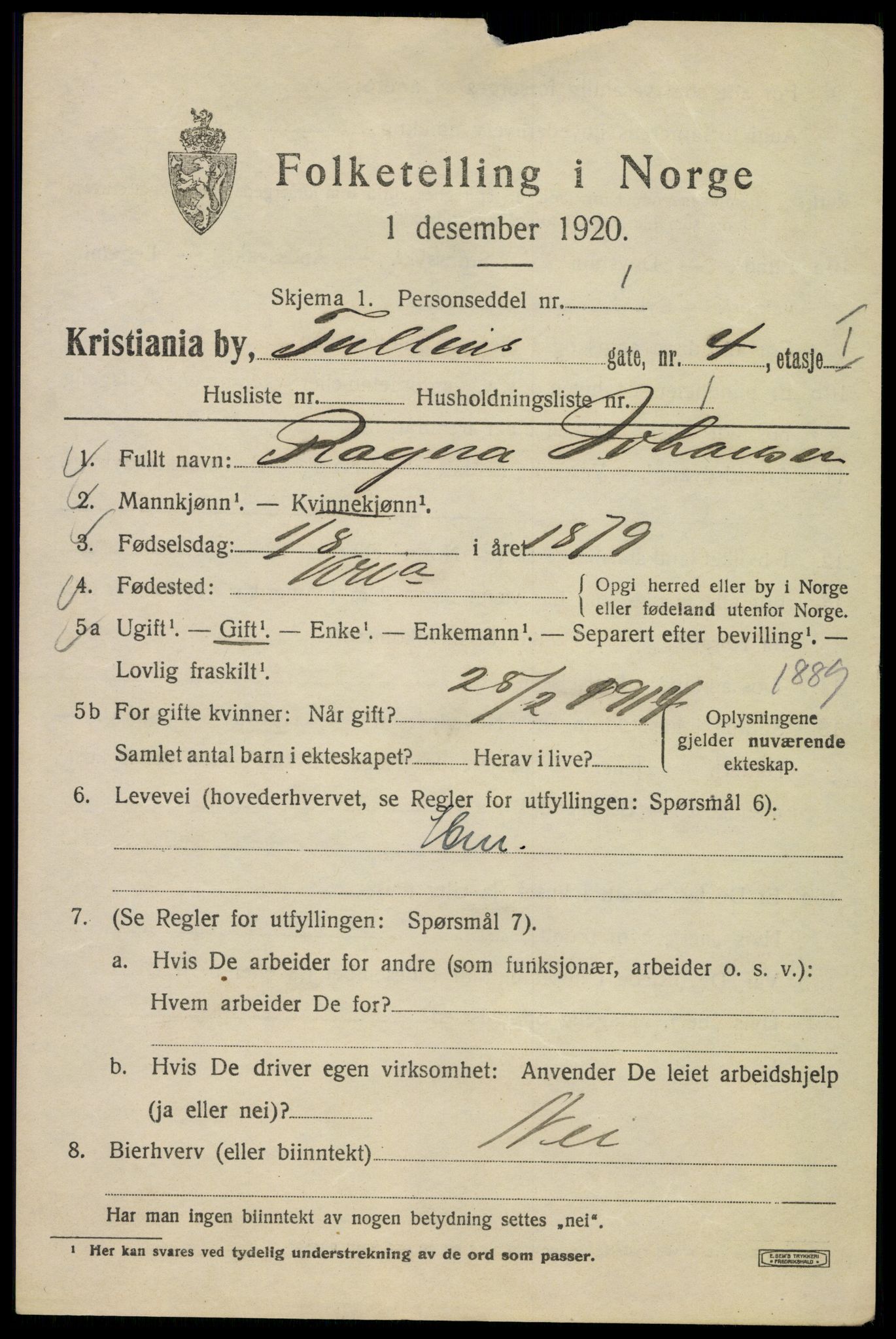 SAO, 1920 census for Kristiania, 1920, p. 604299