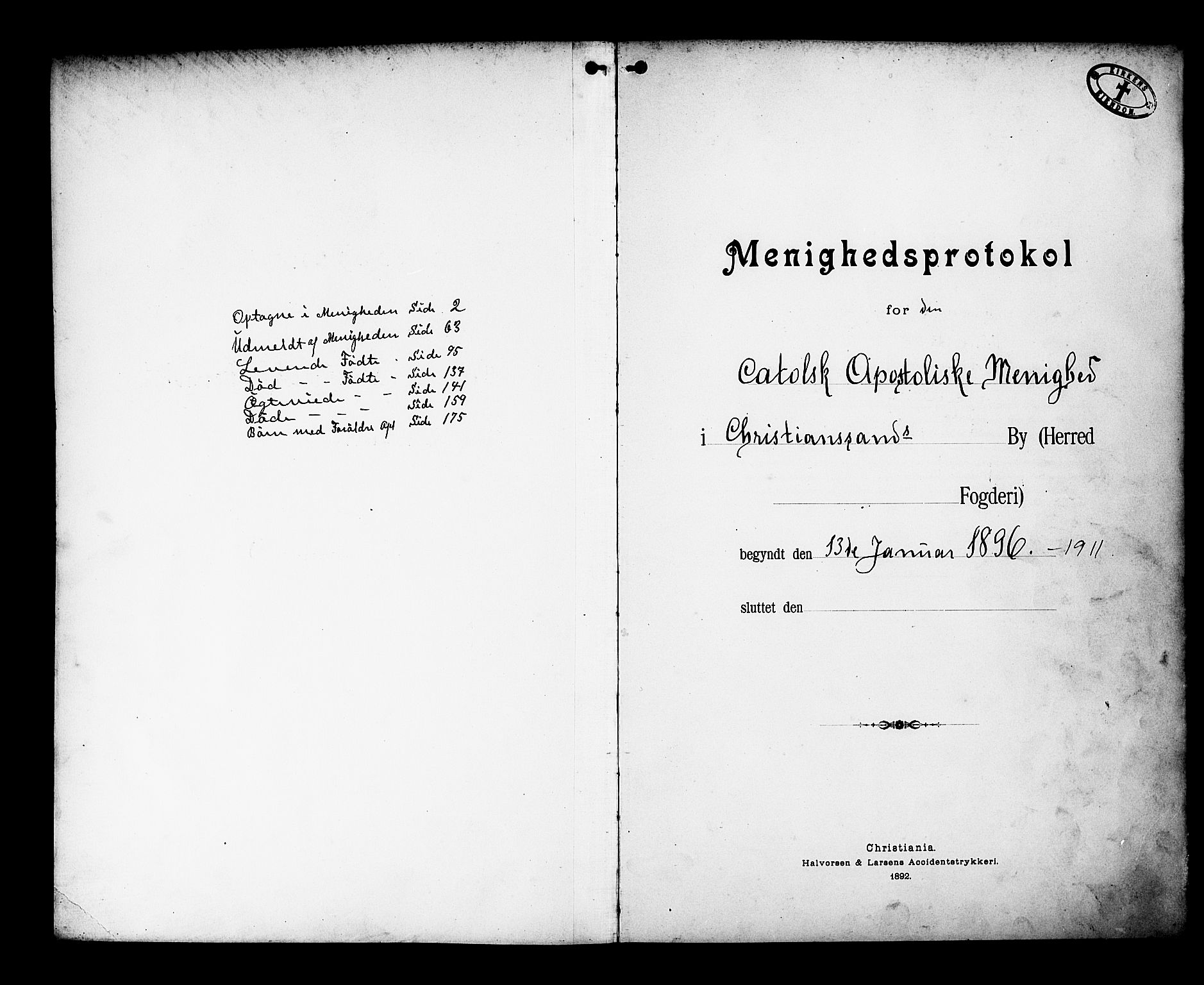 Den katolsk-apostoliske menighet, Kristiansand, AV/SAK-1292-0010/F/Fa/L0002: Dissenter register no. 2, 1896-1925