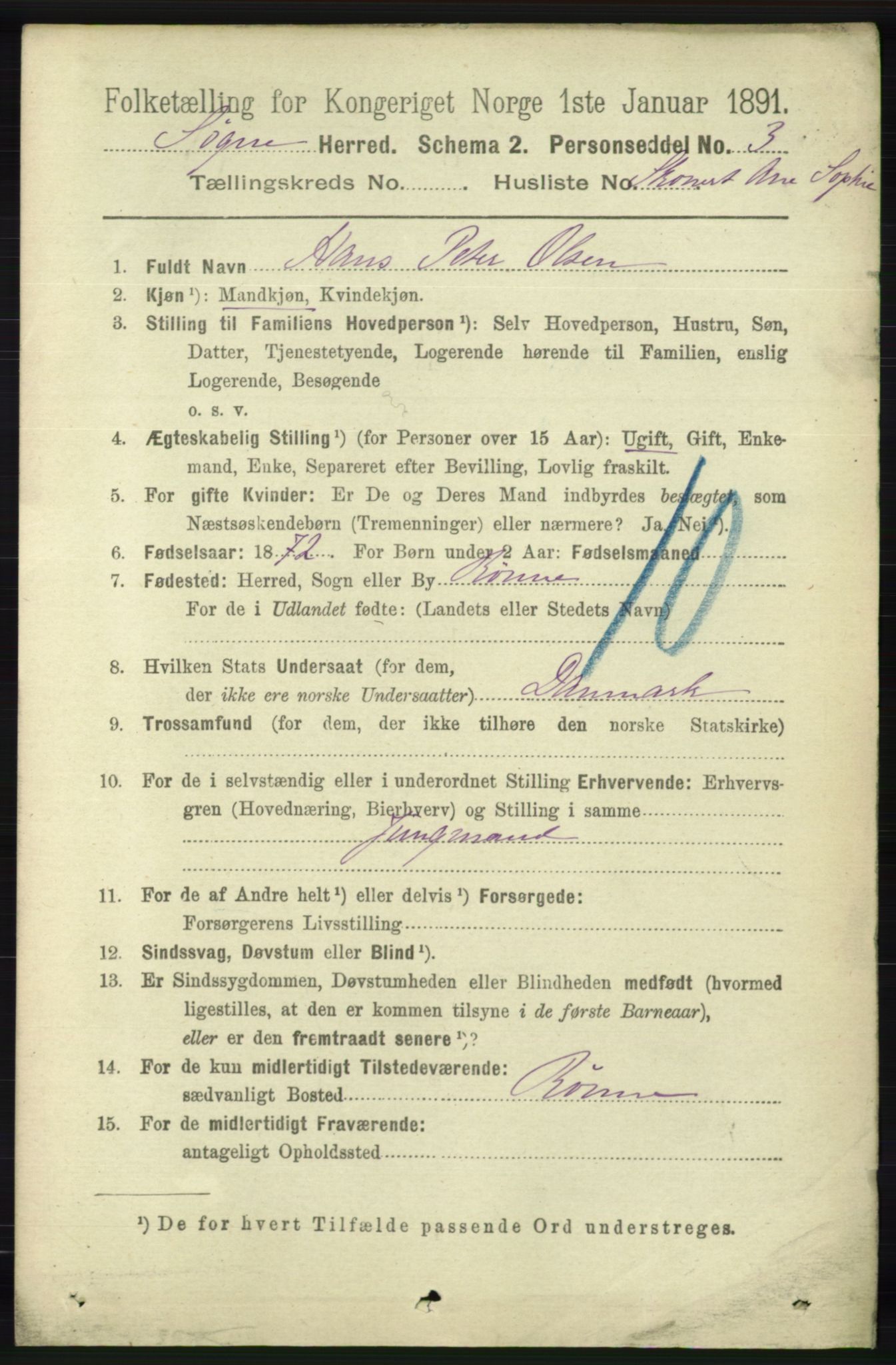 RA, 1891 census for 1018 Søgne, 1891, p. 4872