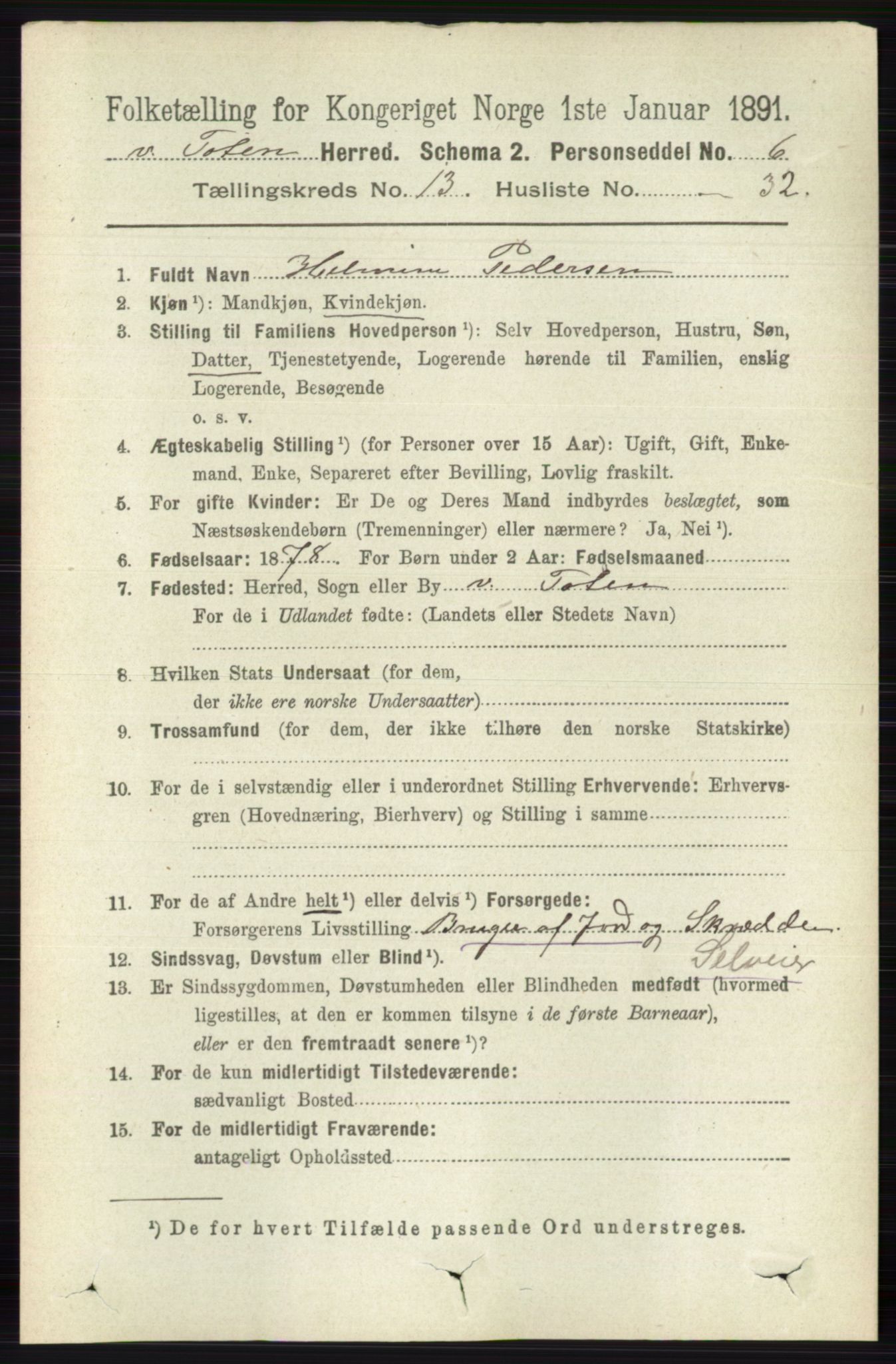 RA, 1891 census for 0529 Vestre Toten, 1891, p. 7978