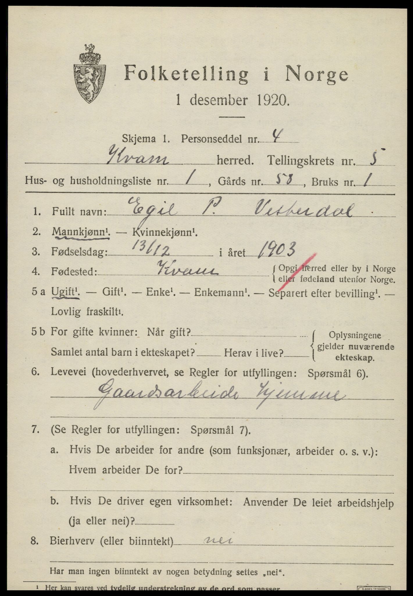 SAT, 1920 census for Kvam, 1920, p. 1383