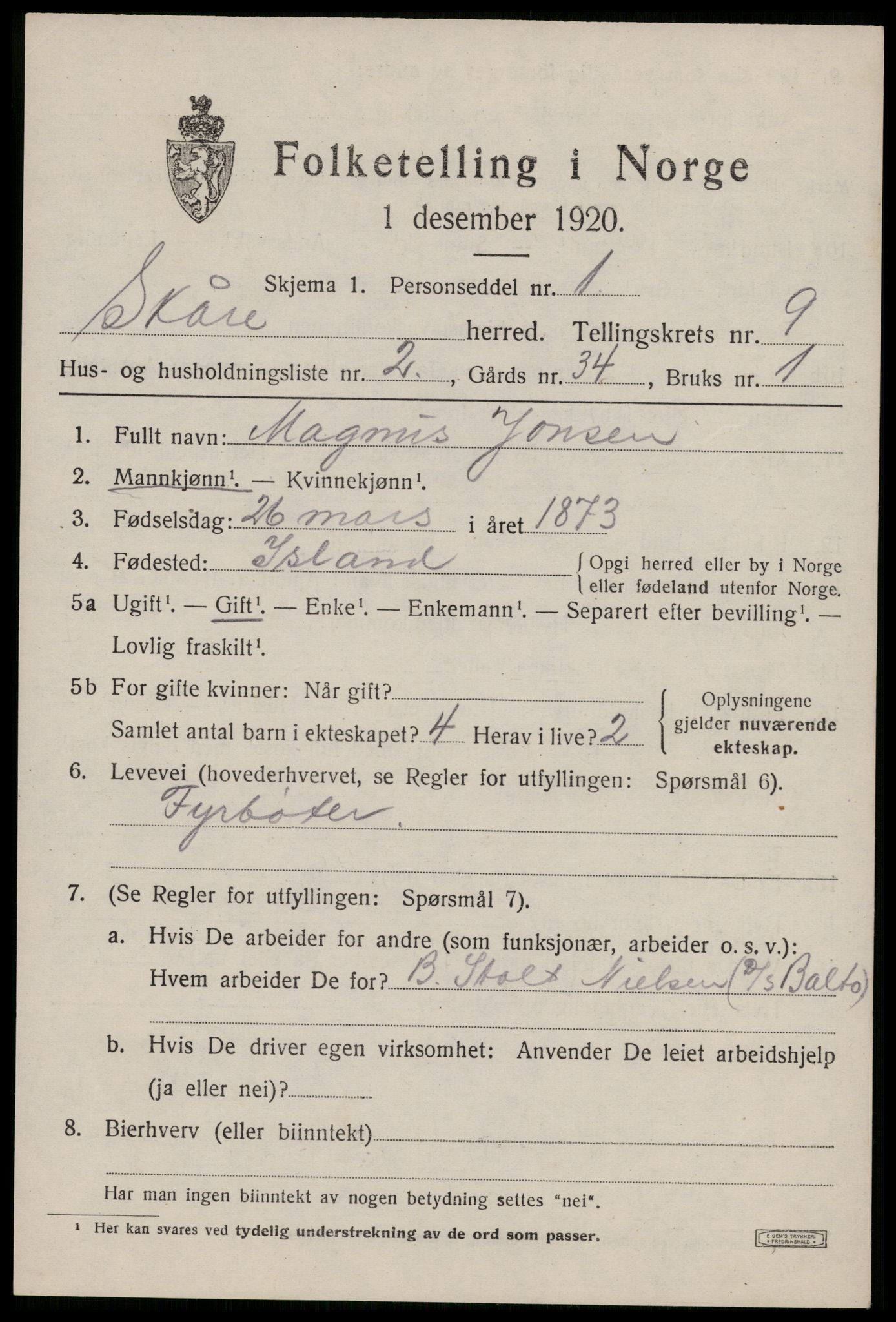 SAST, 1920 census for Skåre, 1920, p. 6840